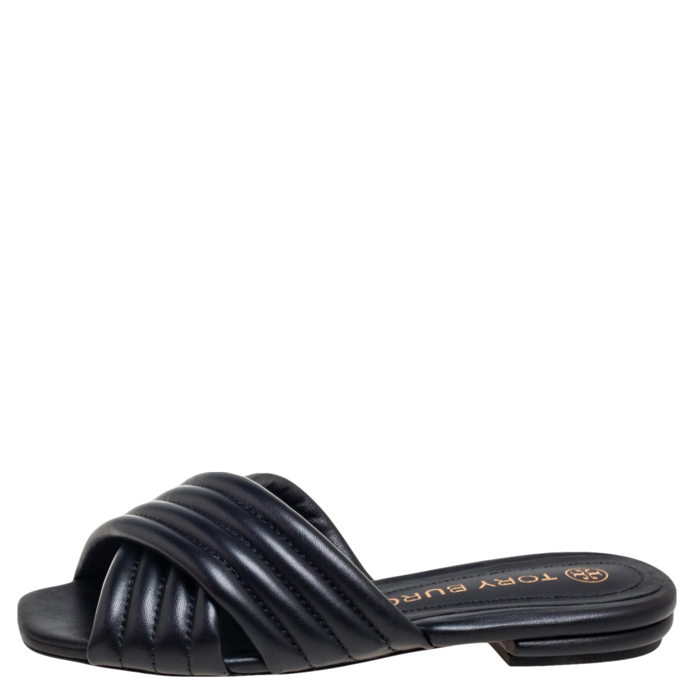 

Tory Burch Black Quilted Leather Kira Flat Slide Sandals Size