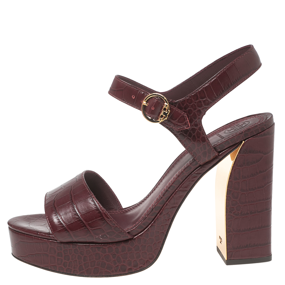 

Tory Burch Burgundy Croc Embossed Leather Martine Platform Sandals Size