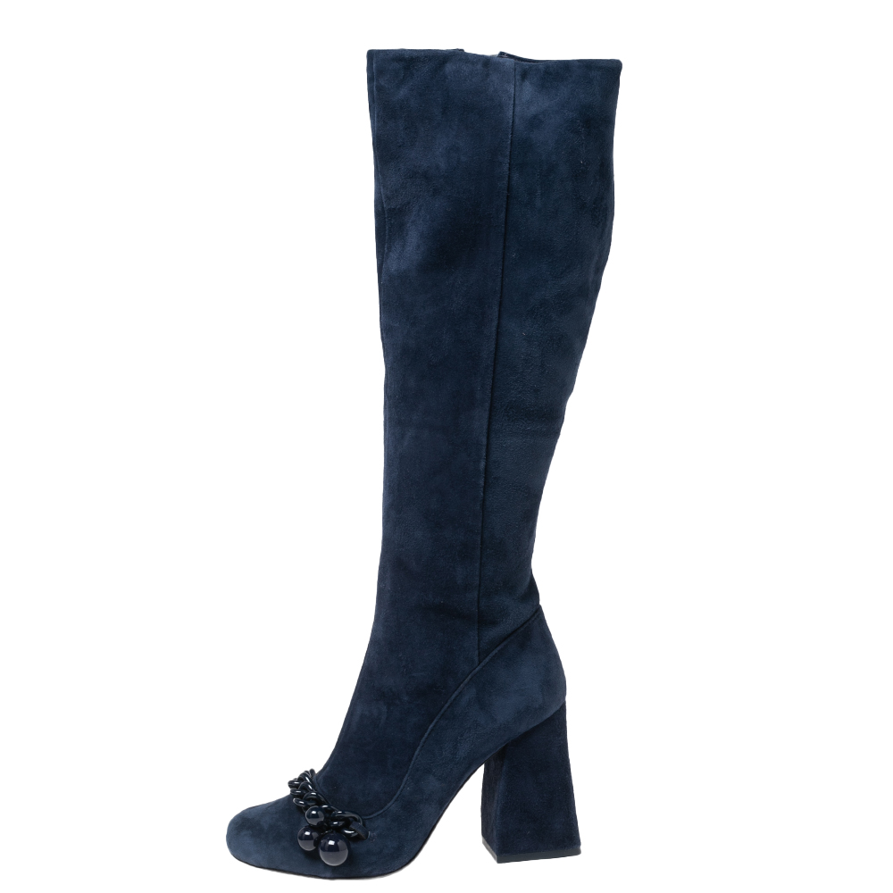 

Tory Burch Navy Blue Suede Chain Embellished Knee Length Boots Size