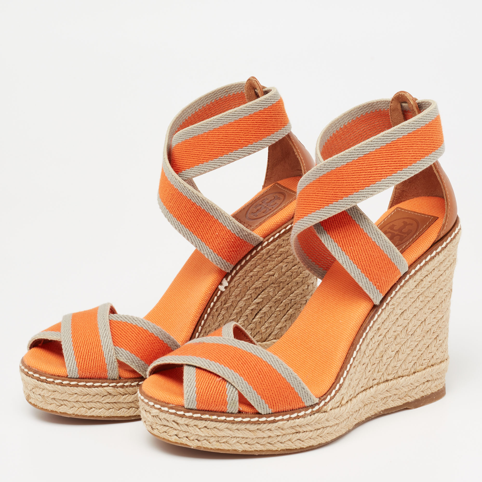 

Tory Burch Tri-Color Fabric Adonis Espadrille Wedge Sandals Size, Orange