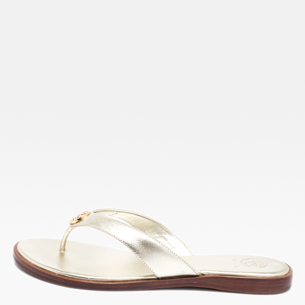 Pre-owned Tory Burch Metallic Gold Leather Benton Thong Flat Sandals ...