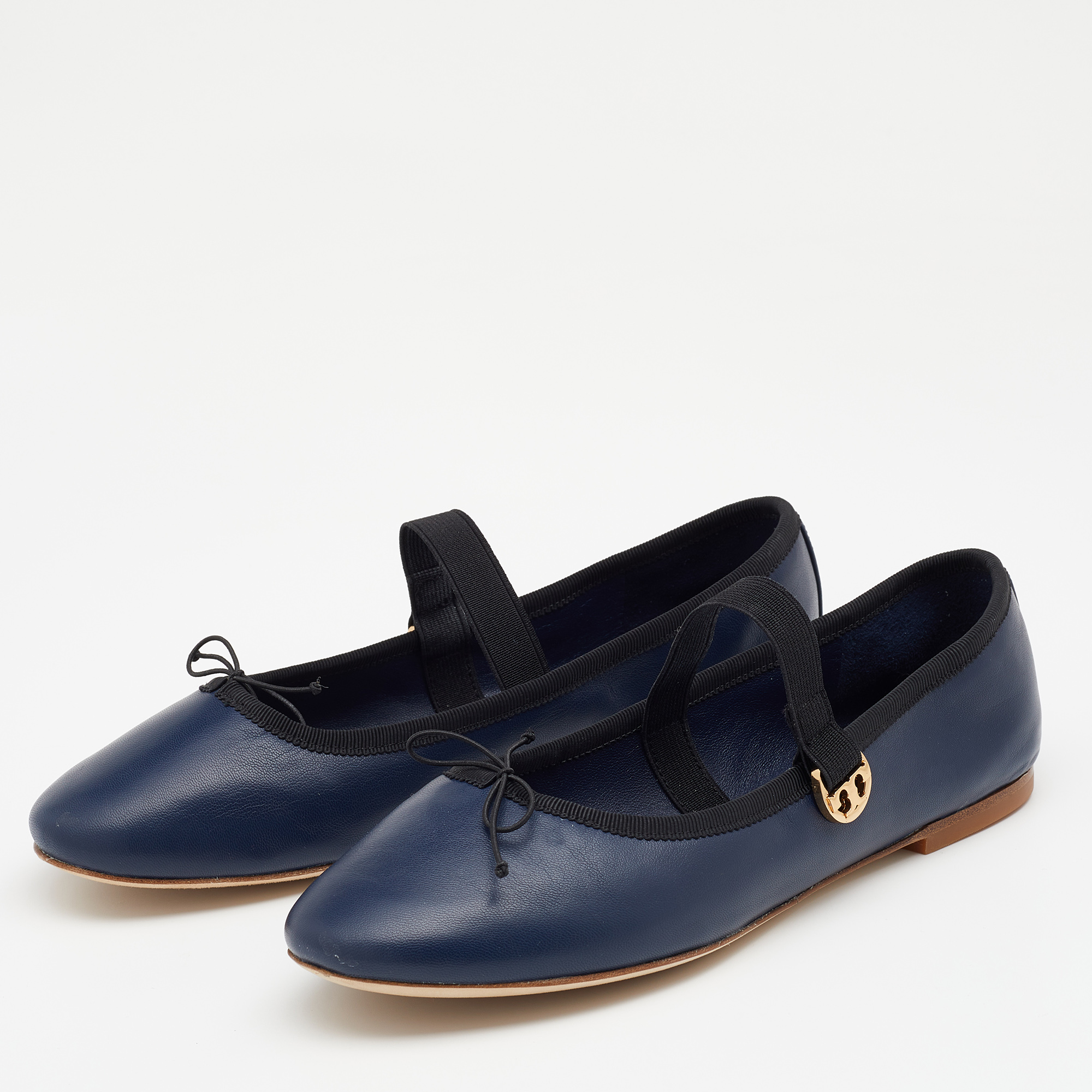 

Tory Burch Navy Blue/Black Leather Mary Jane Ballet Flats Size