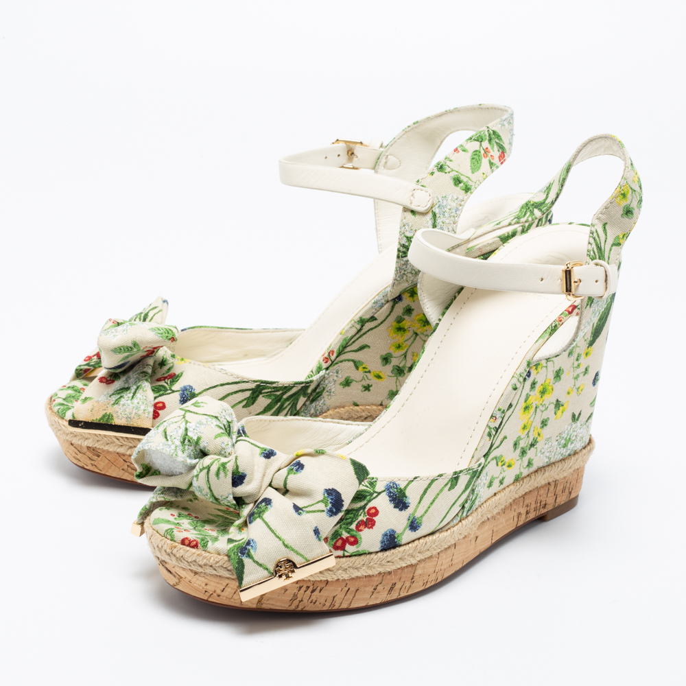 

Tory Burch Multicolor Printed Canvas Bow Wedge Ankle-Strap Sandals Size