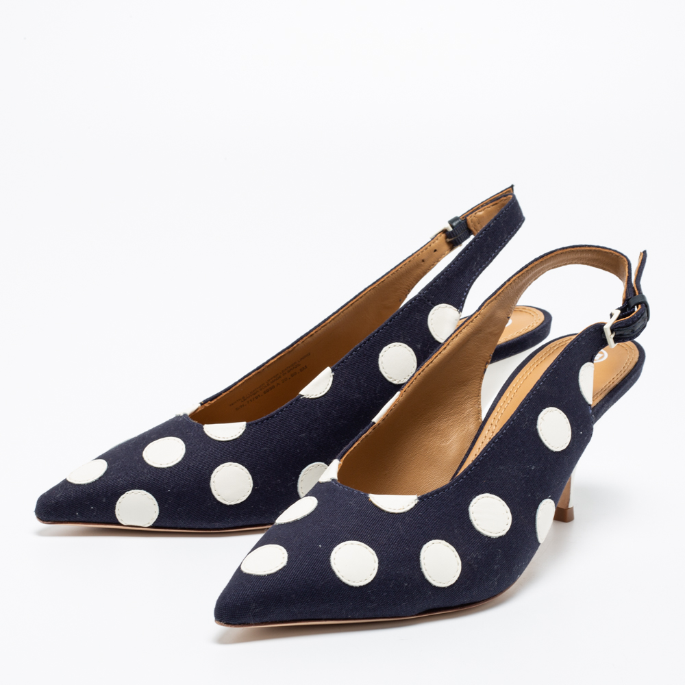 

Tory Burch Navy Blue/White Polka Dot Canvas and Leather Spencer Slingback Pumps Size