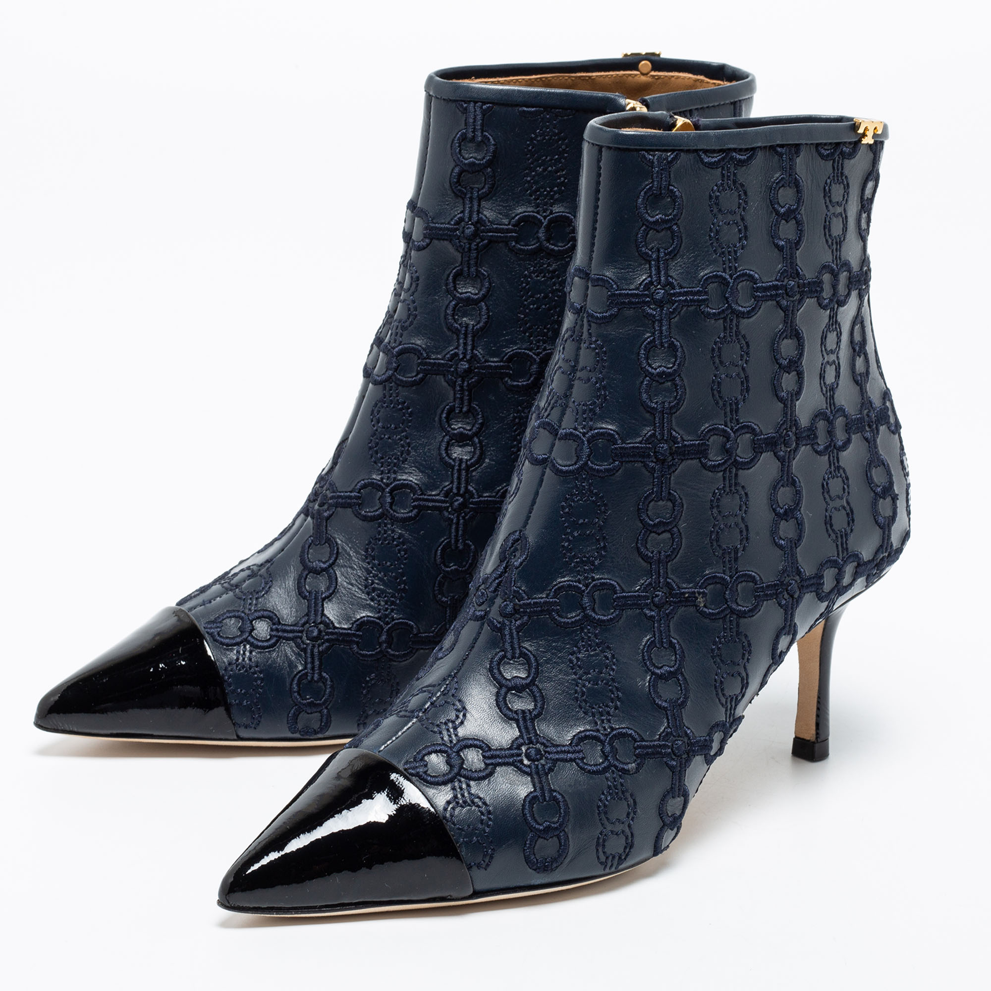 

Tory Burch Navy Blue/Black Leather Penelope Embroidered Link Pointed Toe Ankle Boots Size