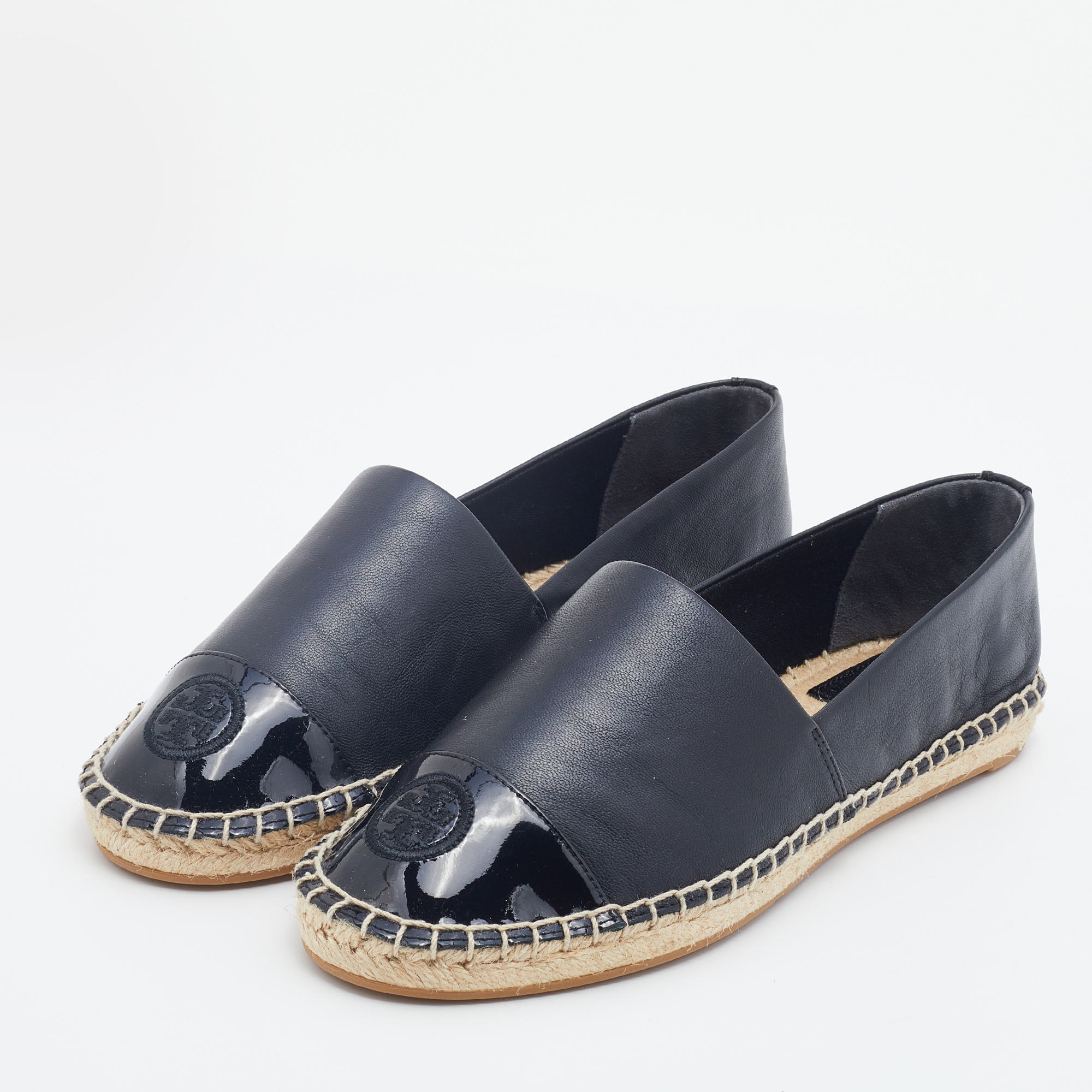 

Tory Burch Black Patent and Leather Flat Espadrilles Size