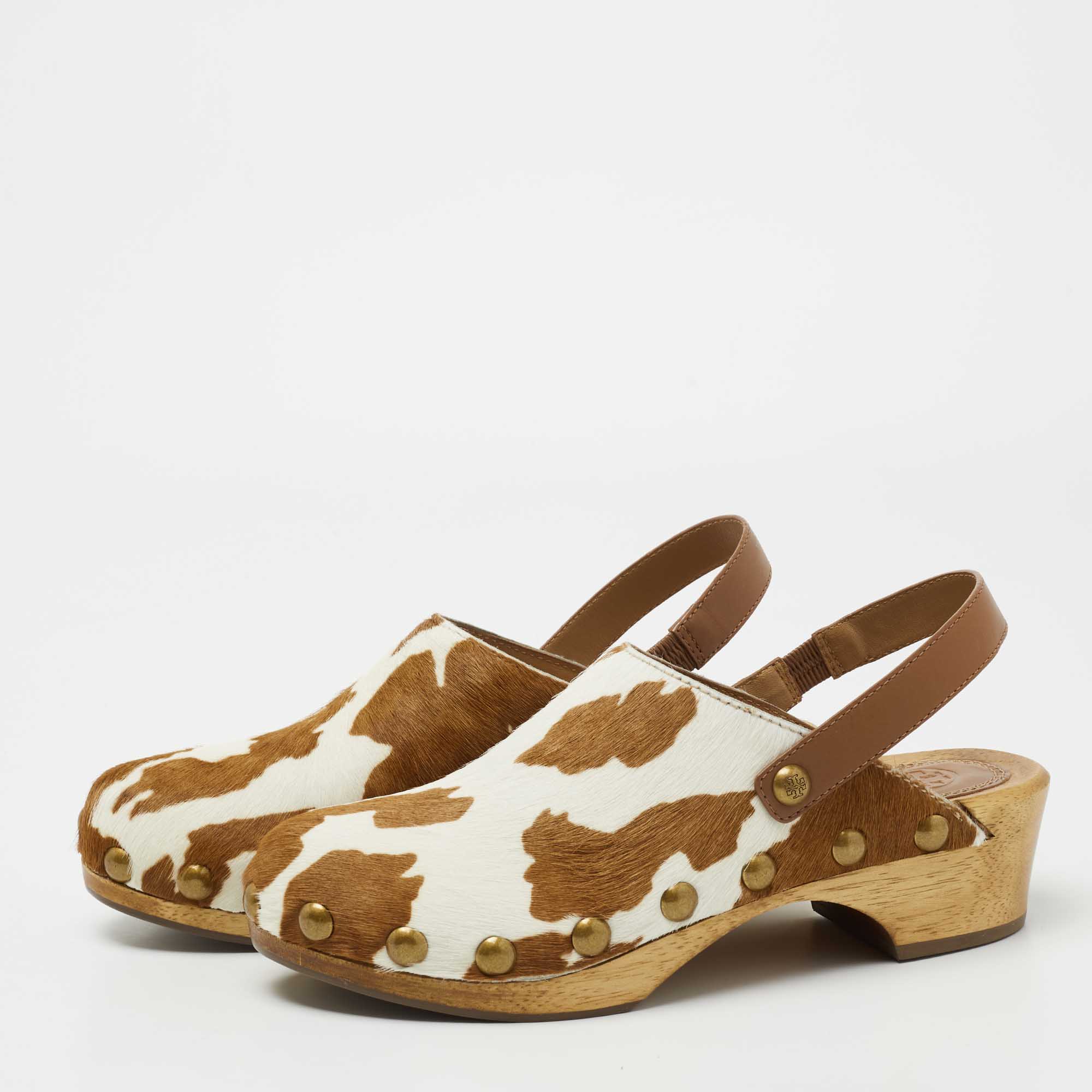 

Tory Burch White/Brown Calf Hair Blythe Slingback Clogs Size