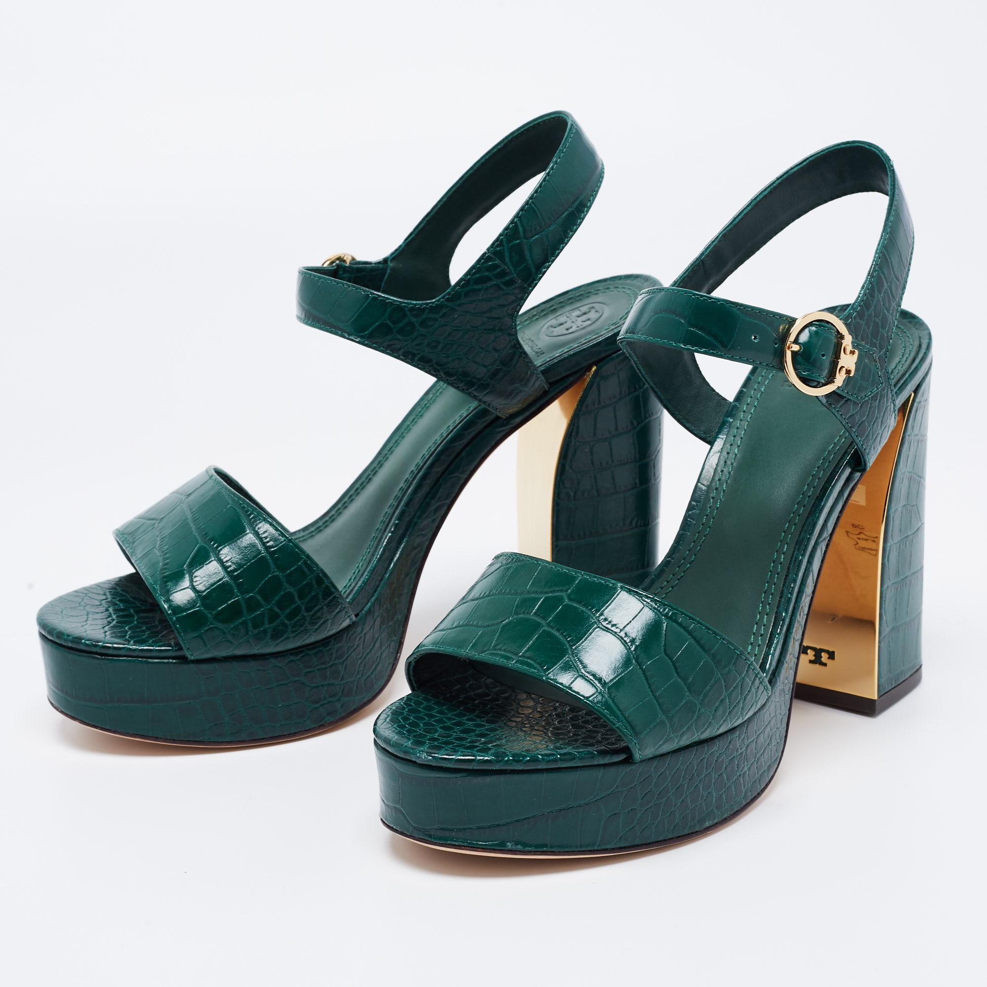 

Tory Burch Green Croc Embossed Leather Martine Platform Sandals Size