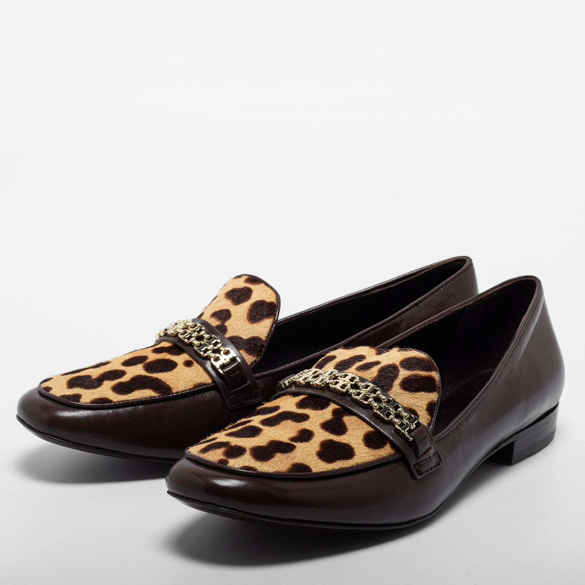 

Tory Burch Brown Leather and Leopard Print Calf Hair Gemini Link Detail Loafers Size