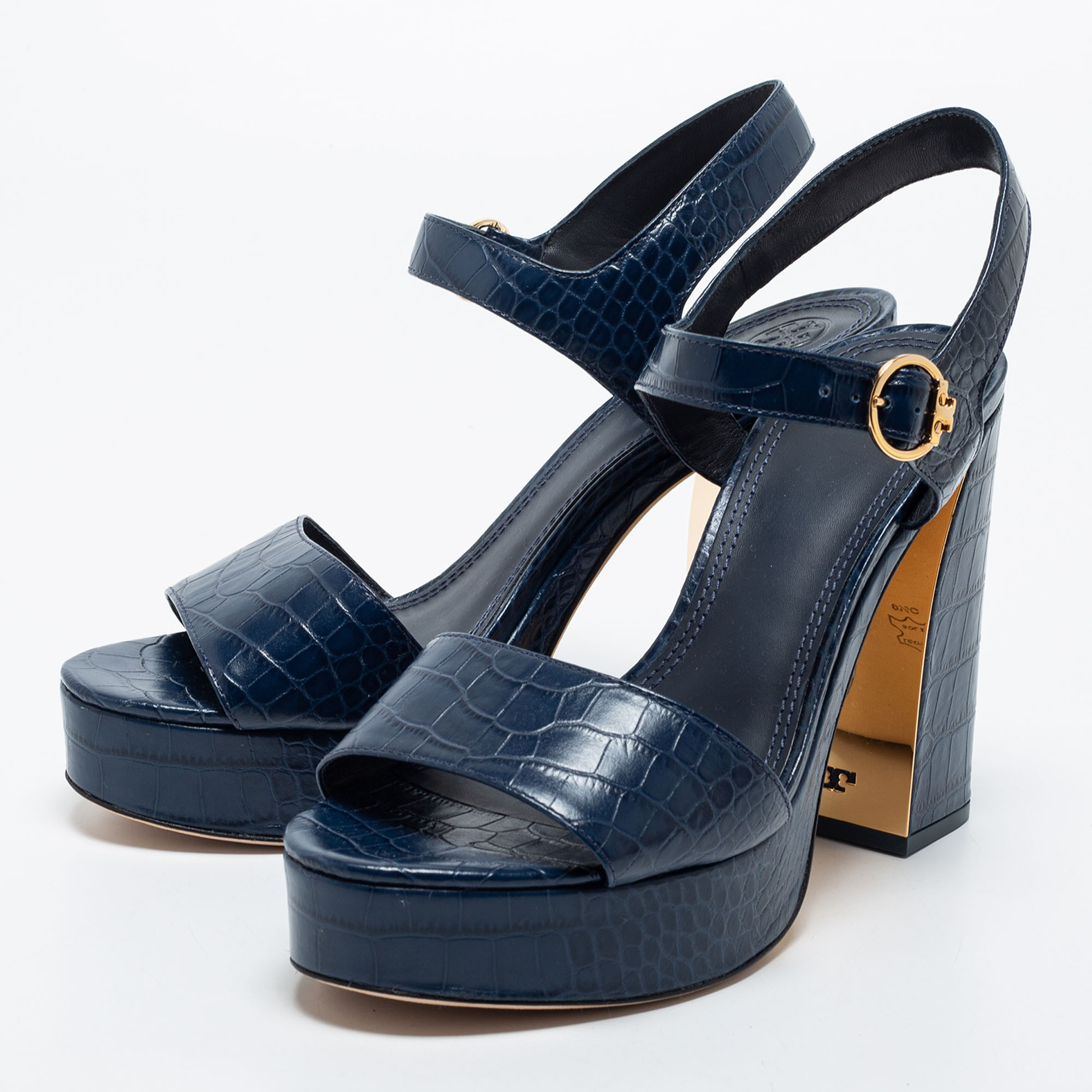 

Tory Burch Navy Blue Croc Embossed Leather Maritine Platform Sandals Size