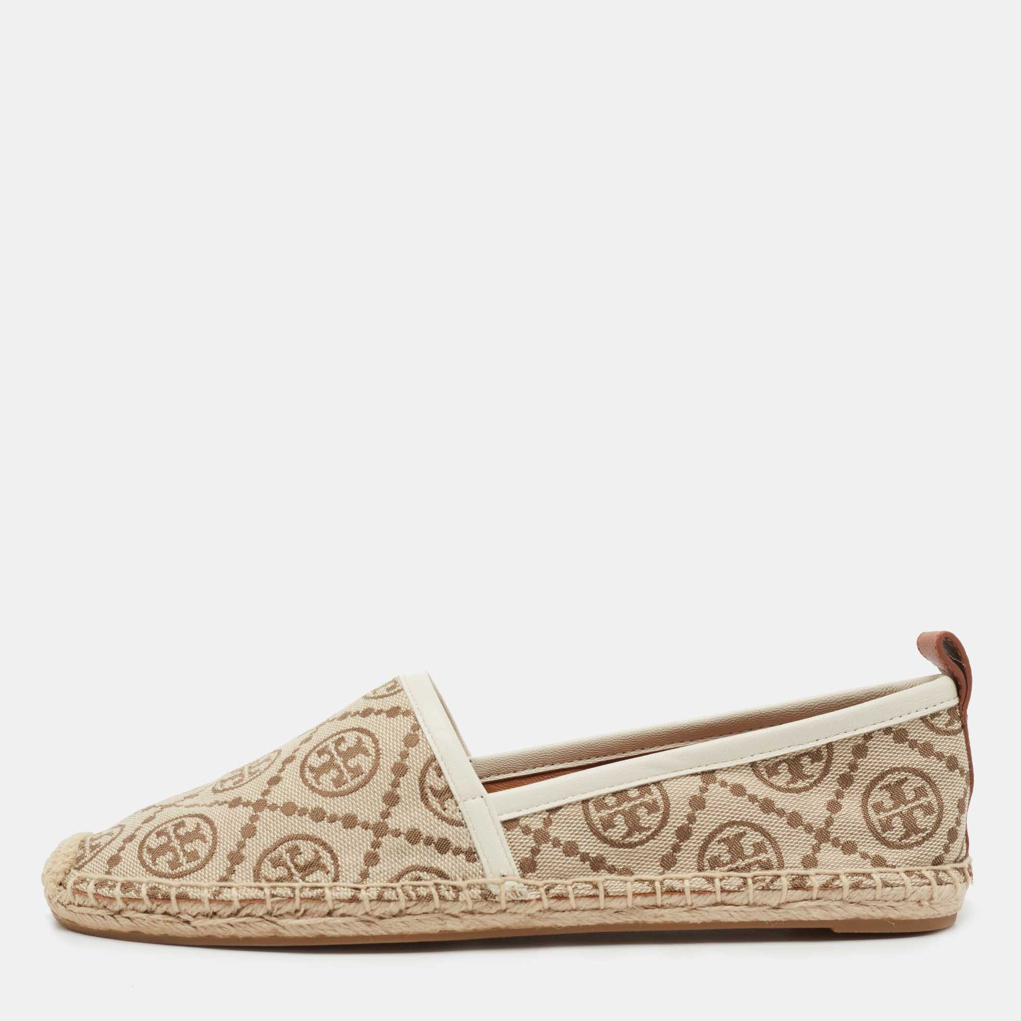 Pre-owned Tory Burch Beige/white Monogram Jacquard Espadrilles Size 37 ...