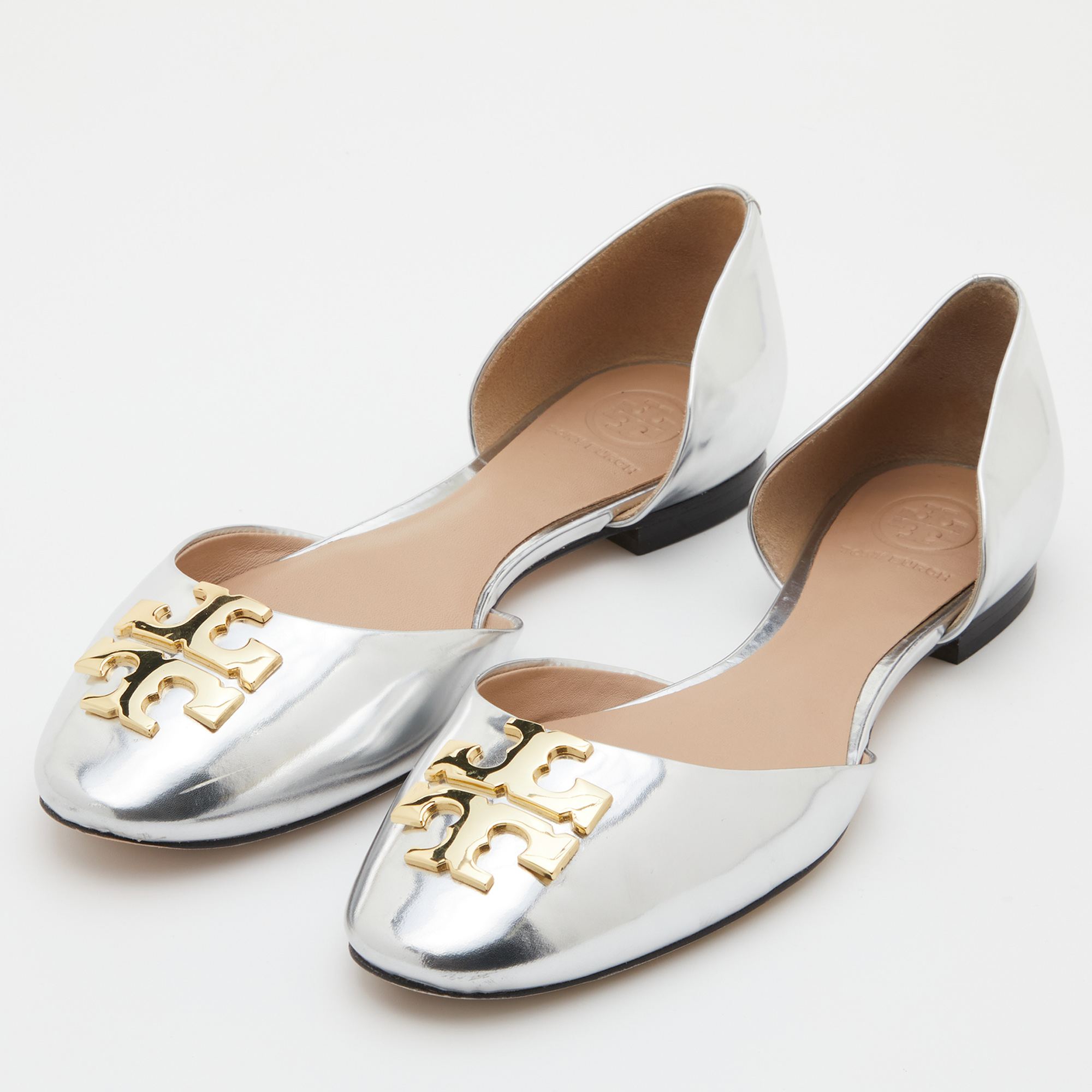

Tory Burch Metallic Silver Leather Raleigh Flats Size