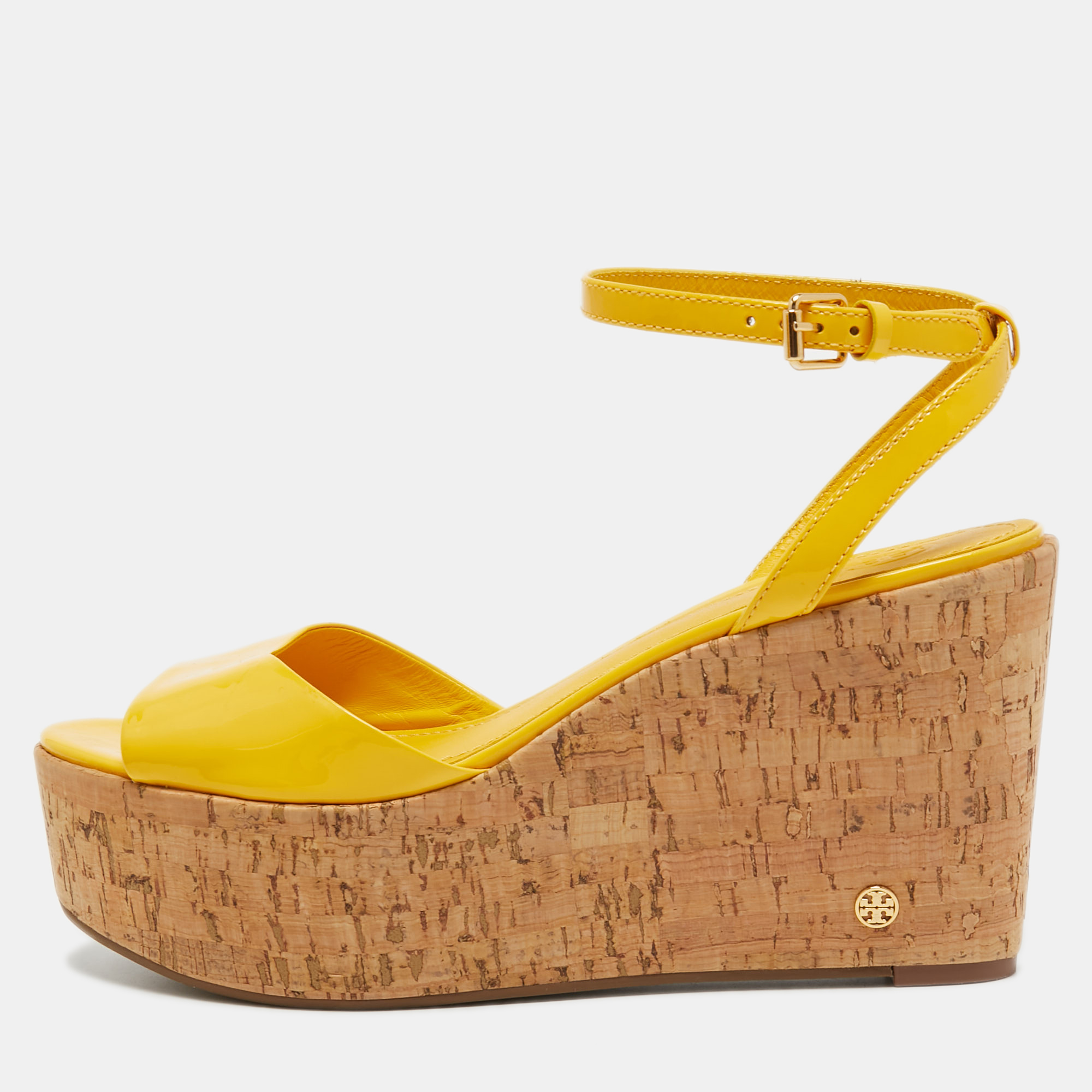 Pre-owned Tory Burch Yellow Patent Leather Dahlia Ankle Strap Sandals Size 39