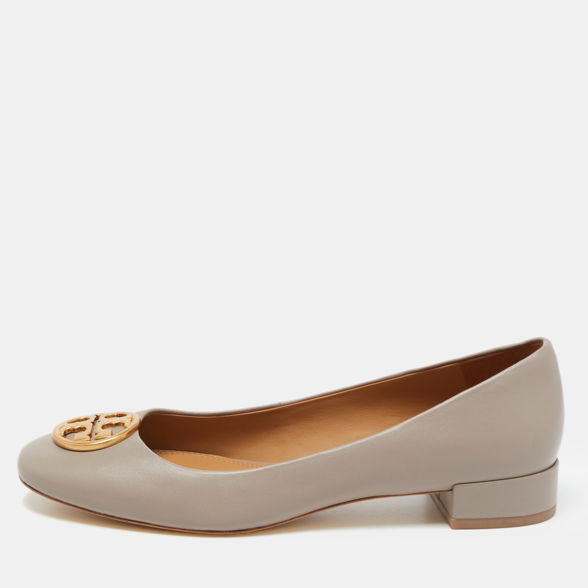 Pre-owned Tory Burch Grey Leather Benton Ballet Flats Size 39 In Beige