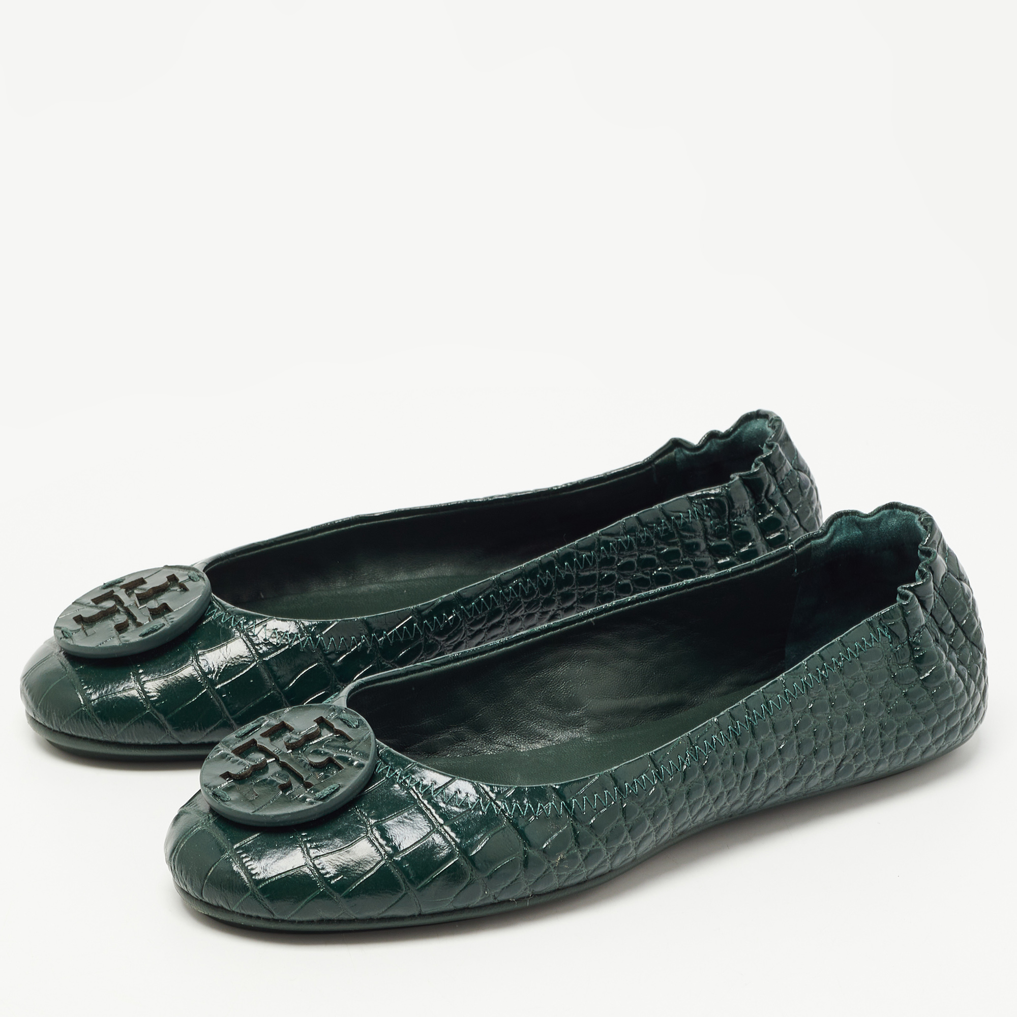 

Tory Burch Green Croc Embossed Leather Minnie Travel Ballet Flats Size