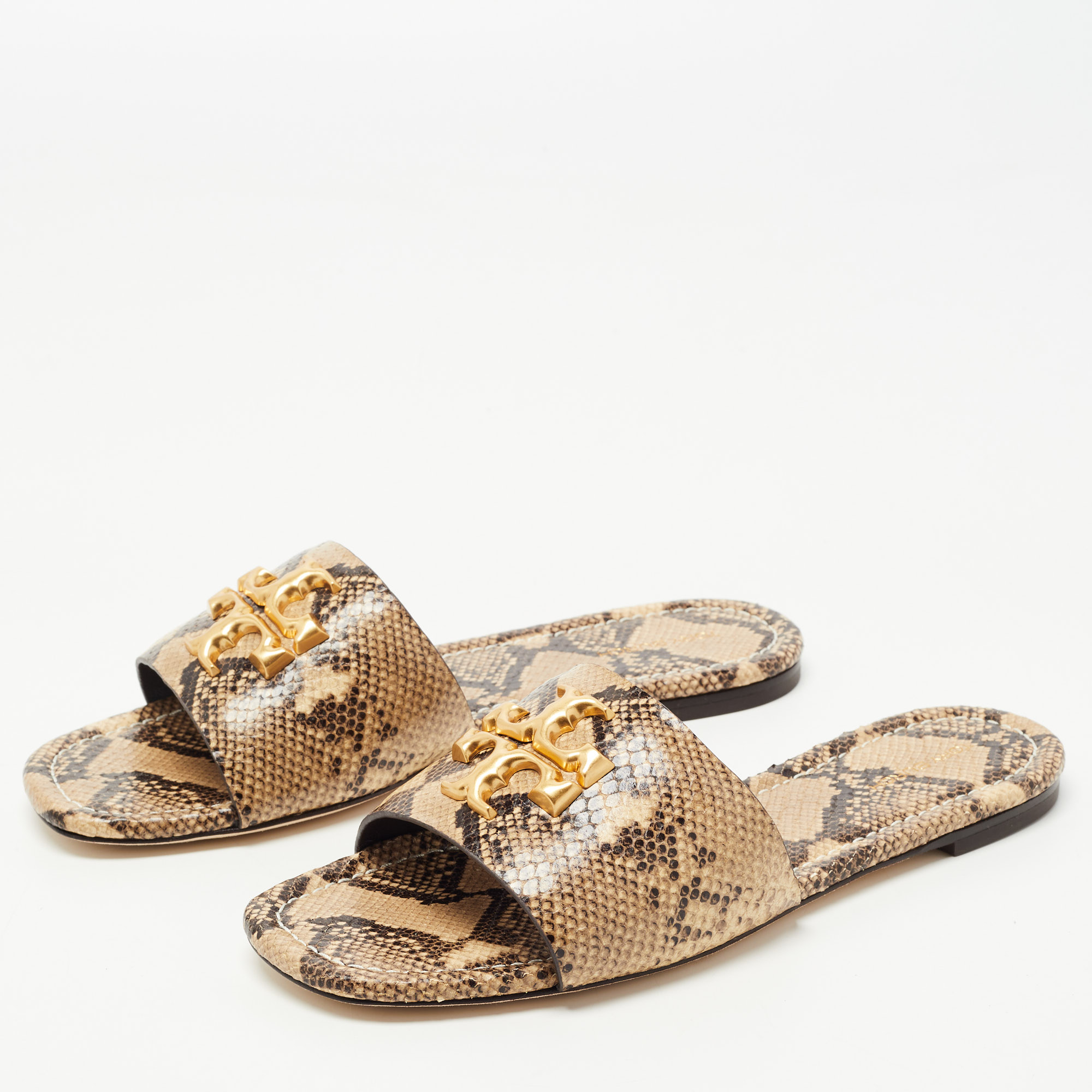 

Tory Burch Two Tone Python Leather Eleanor Flat Slides Size, Beige