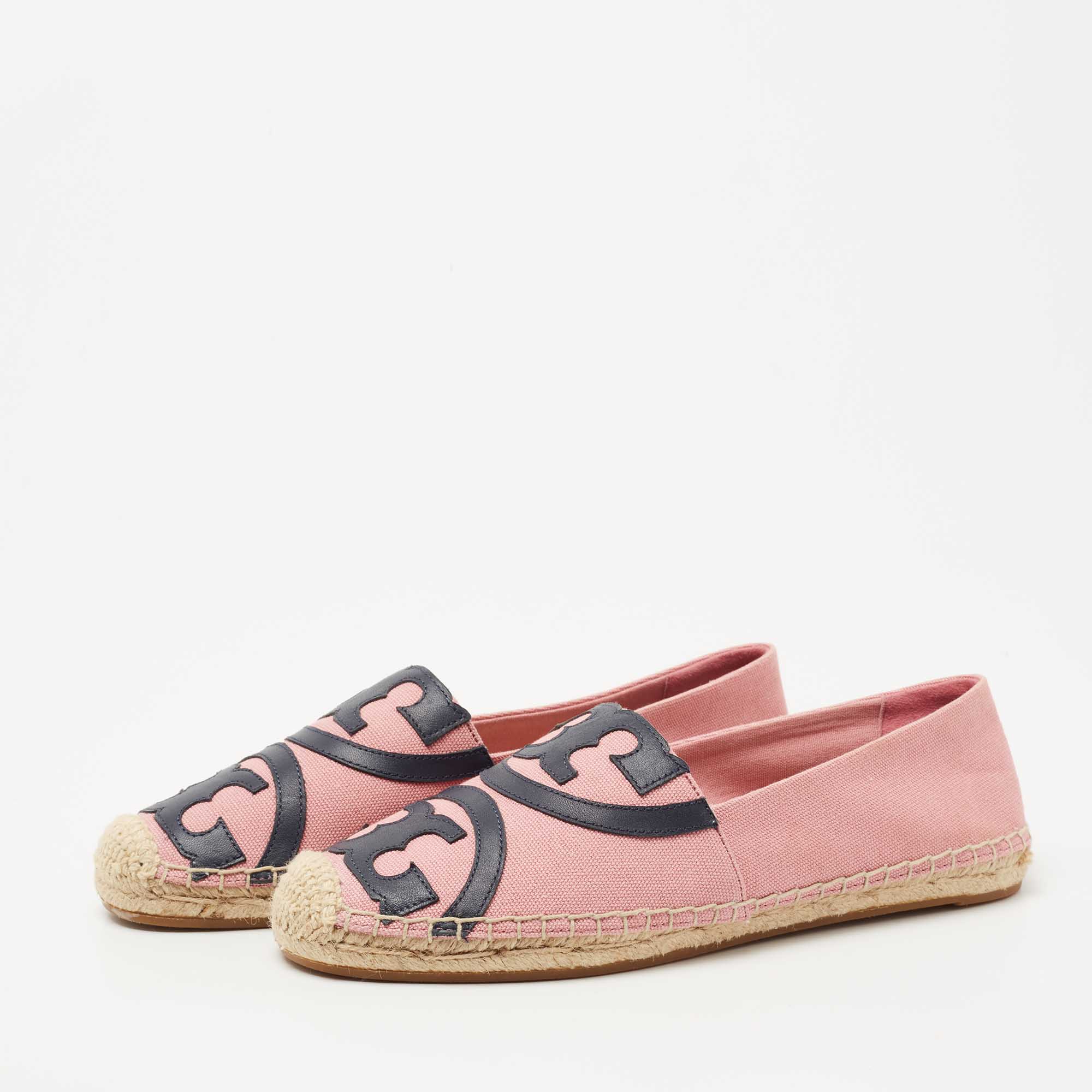 

Tory Burch Pink/Navy Blue Canvas and Leather Poppy Logo Espadrille Flats Size