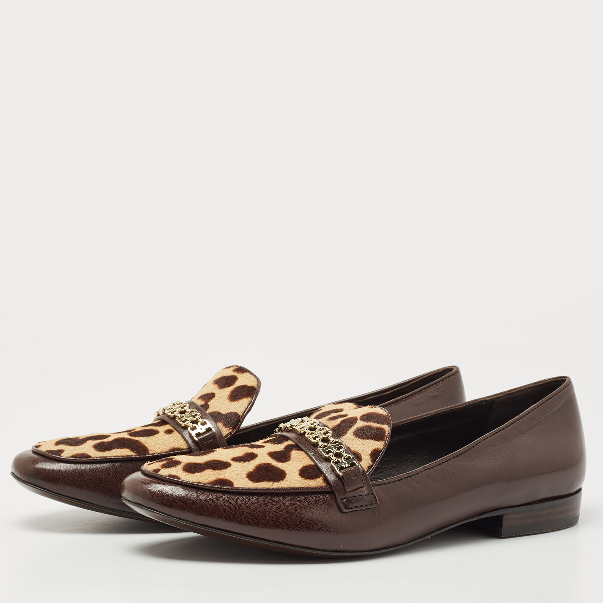 

Tory Burch Brown Leather and Calf Hair Leopard Print Slip On Loafers Size