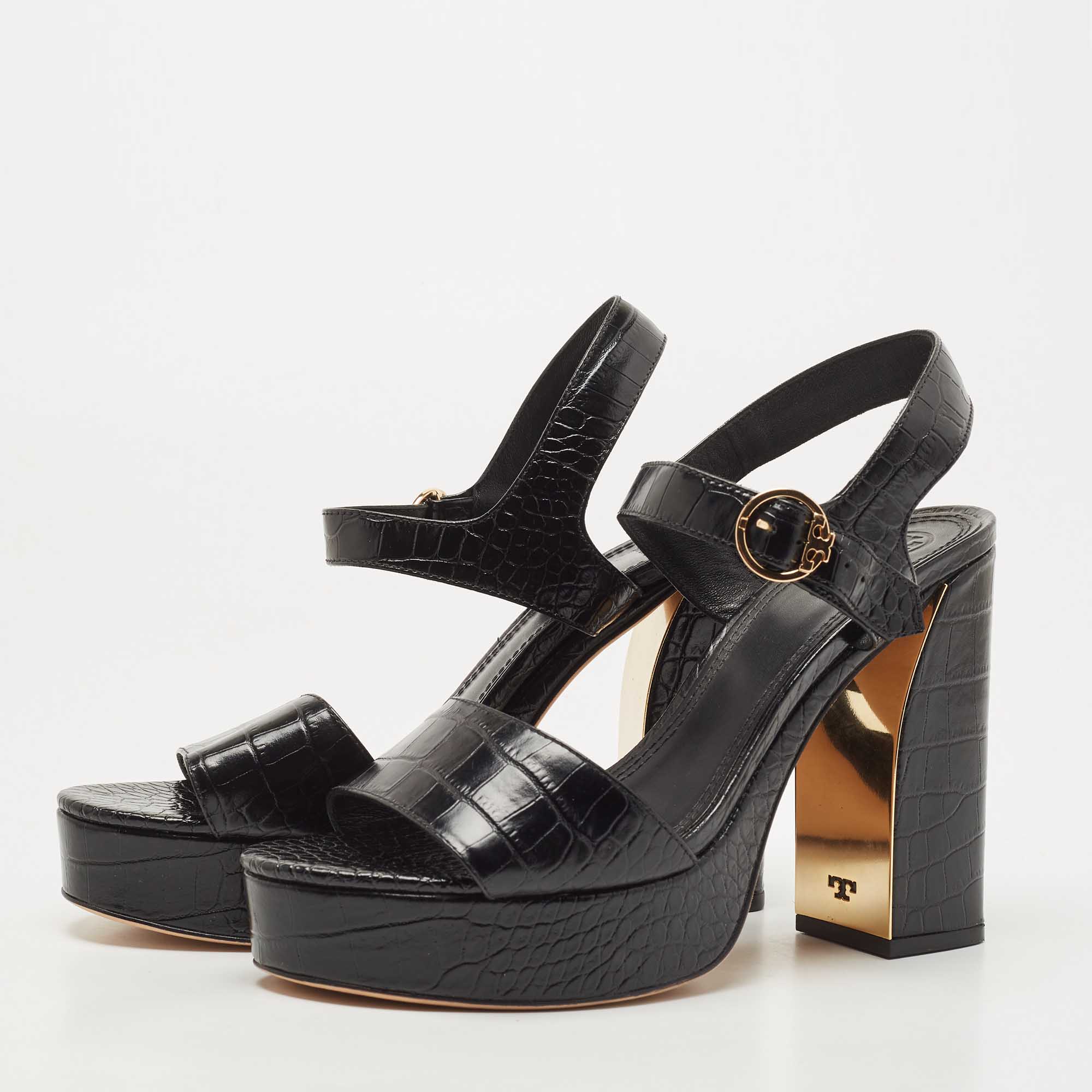 

Tory Burch Black Croc Embossed Leather Block Heel Ankle Strap Sandals Size