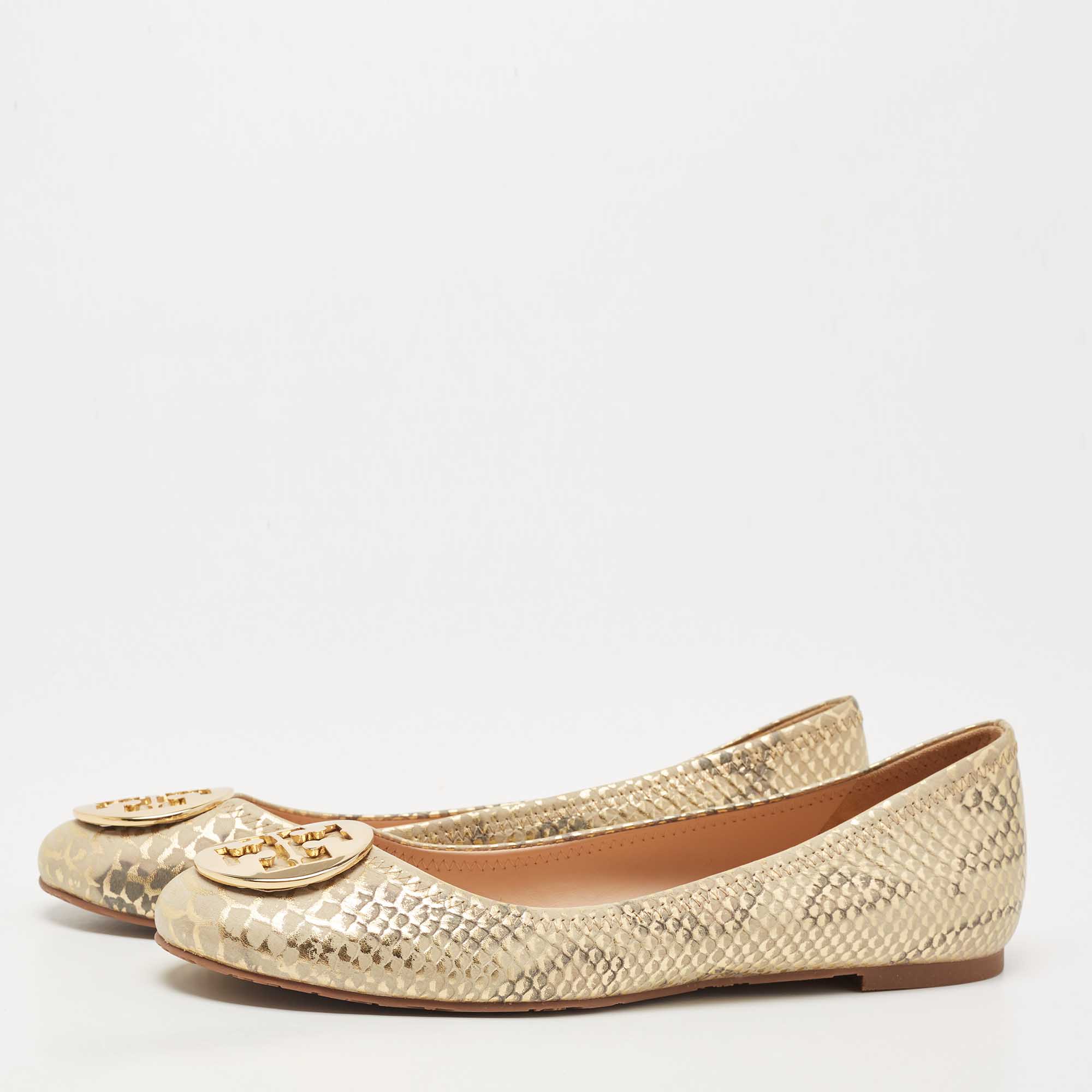 

Tory Burch Two Tone Python Embossed Leather Reva Ballet Flats Size, Gold