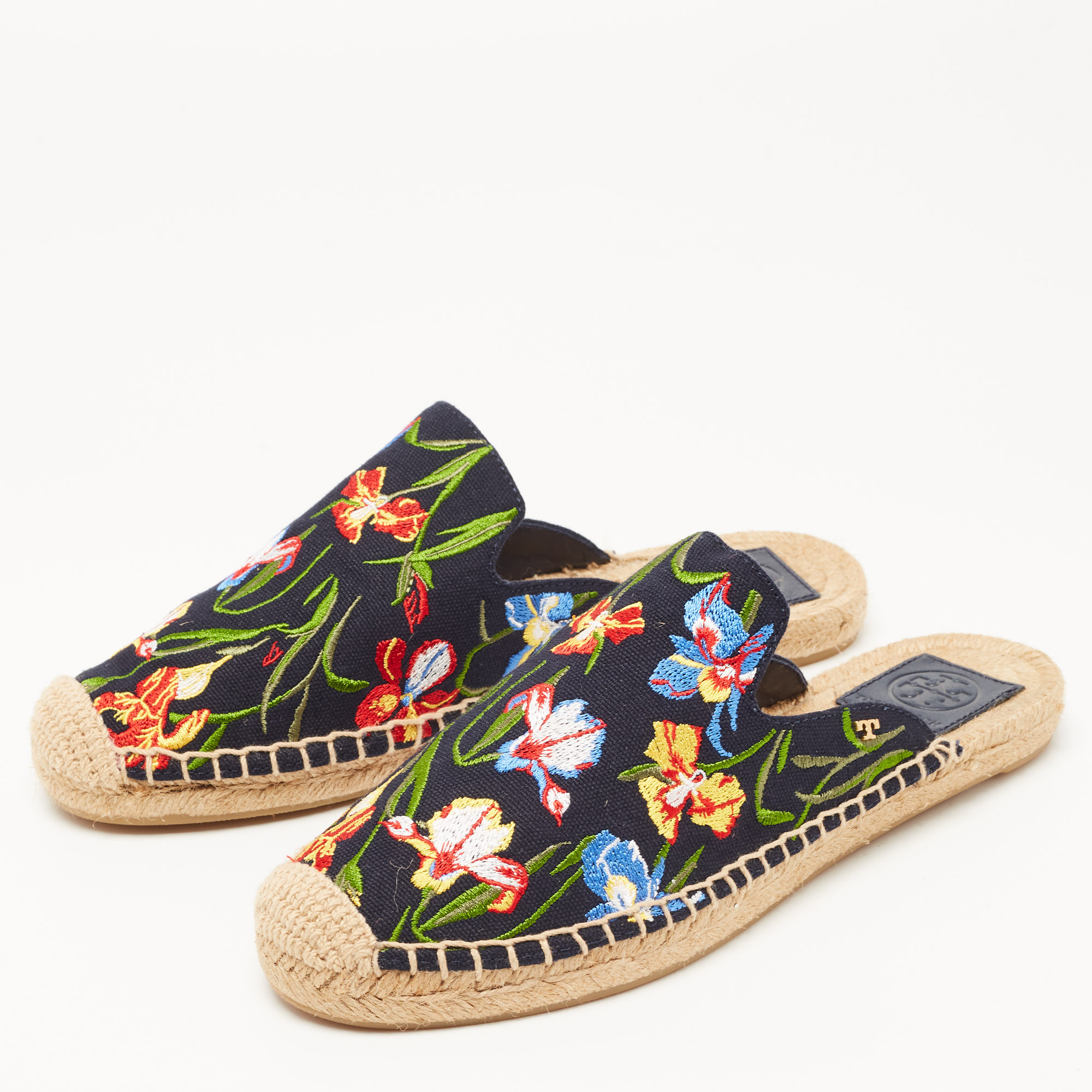 

Tory Burch Black Canvas Floral Espadrille Mules Size