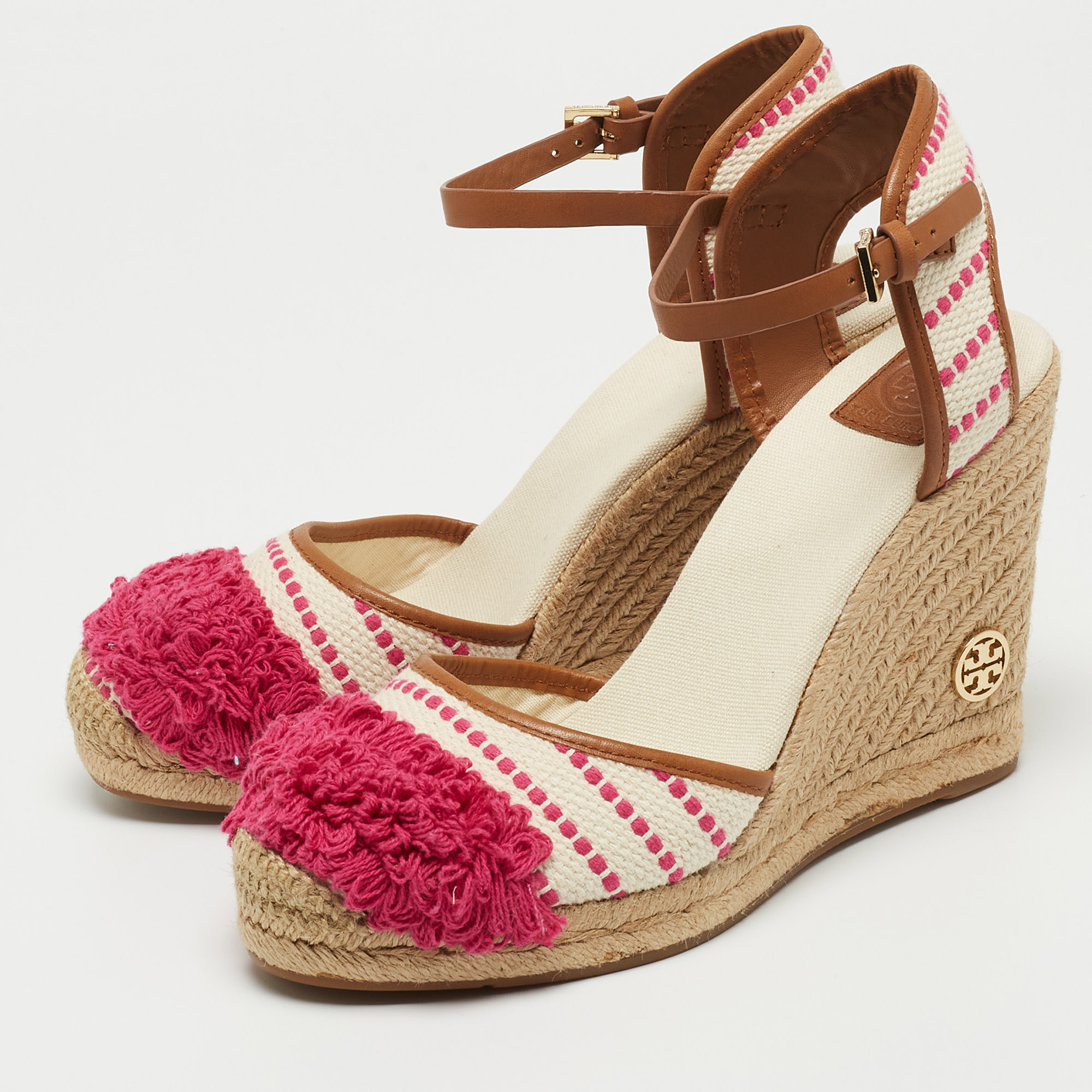 

Tory Burch Pink/White Canvas And Leather Espadrille Wedge Platform Ankle Strap Sandals Size, Cream