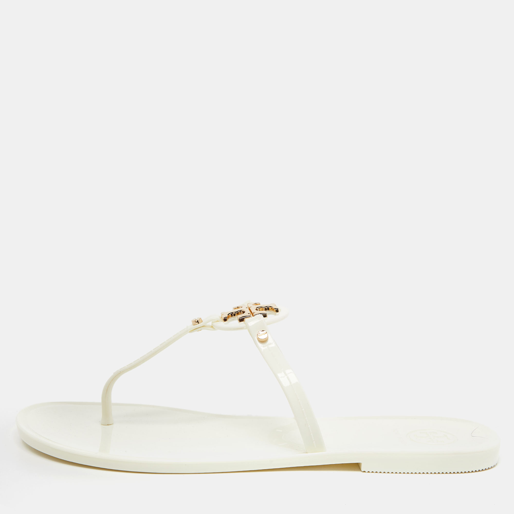 Pre-owned Tory Burch Off White Rubber Mini Miller Thong Flats Size 39.5