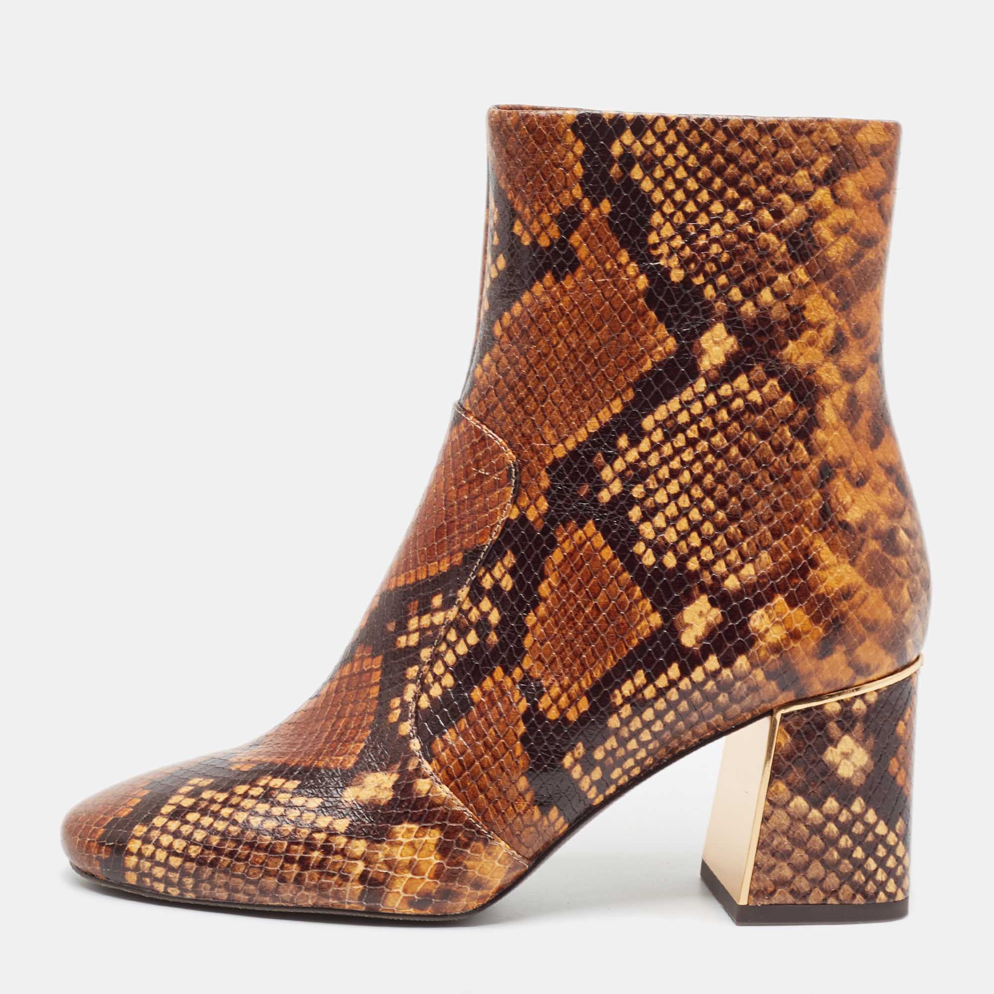 

Tory Burch Brown Python Embossed Leather Ankle Boots Size 37.5