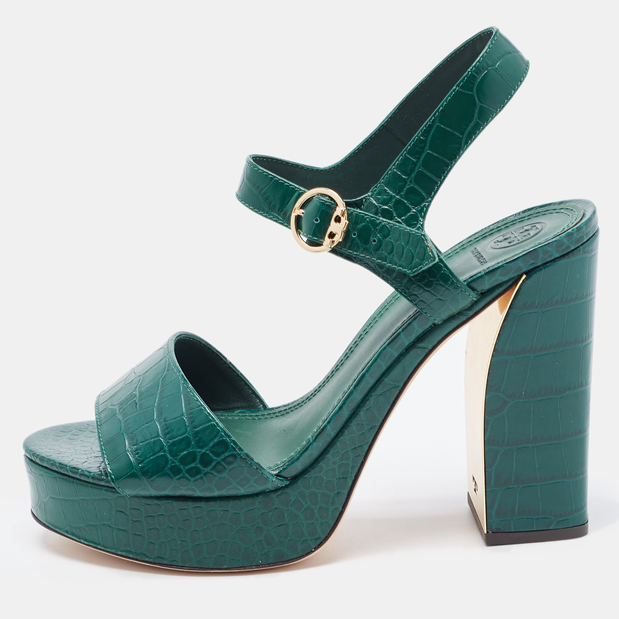 Pre-owned Tory Burch Green Croc Embossed Leather Martine Platform Sandals Size 40