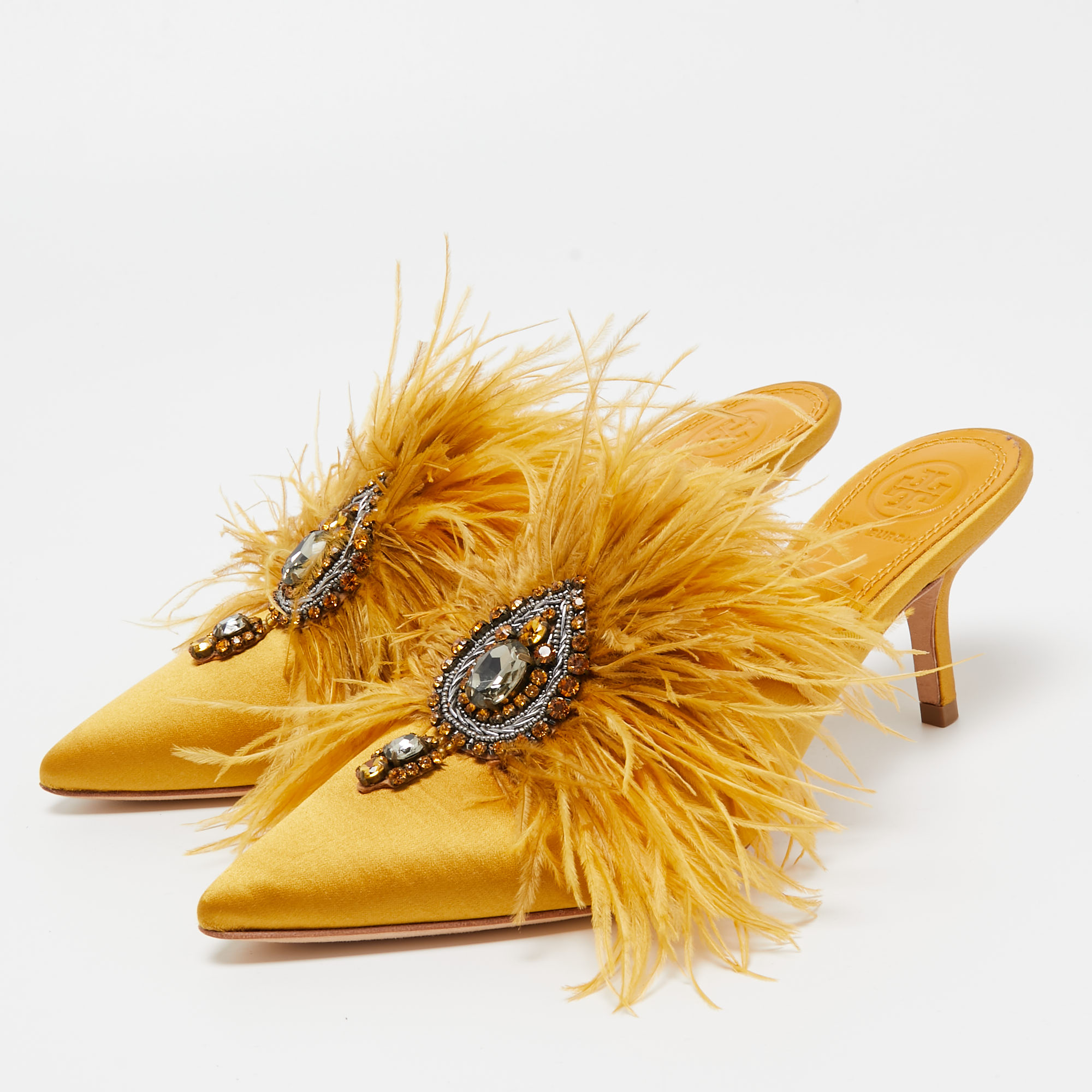 

Tory Burch Mustard Yellow Satin and Feather Elodie Embellished Mules Size