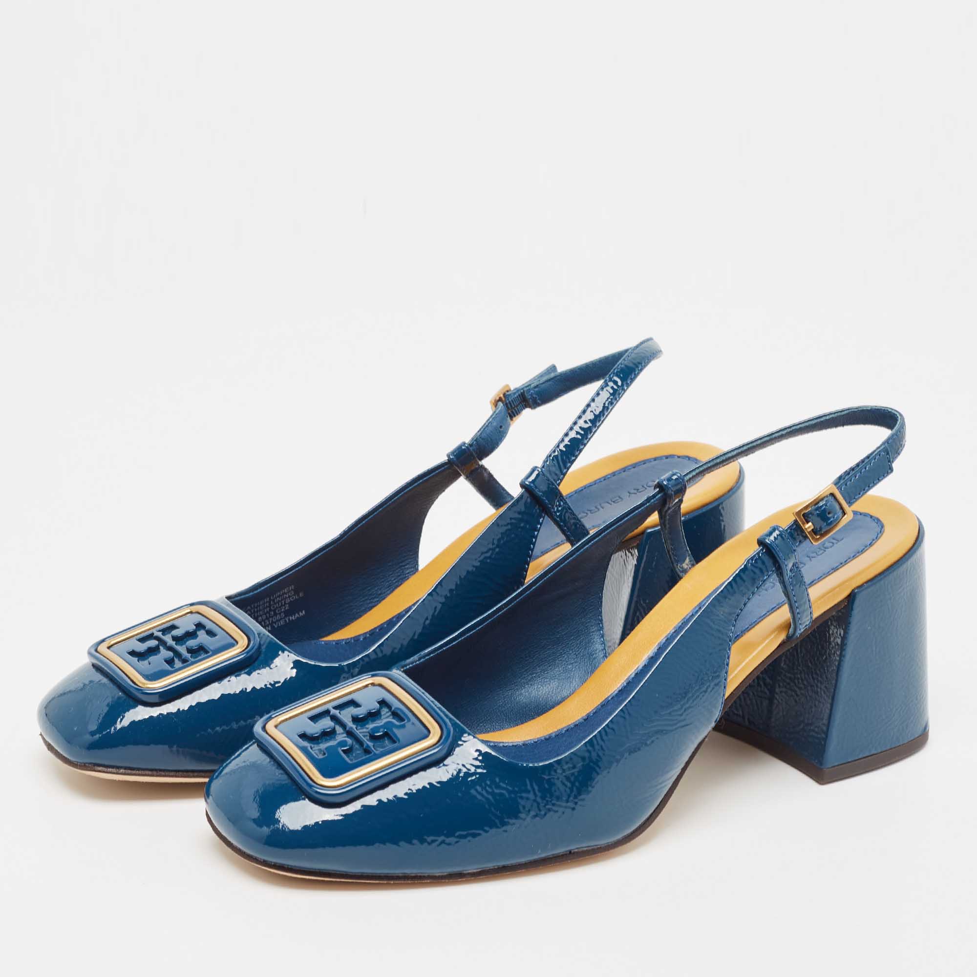 

Tory Burch Blue Patent Leather Georgia Slingback Pumps Size