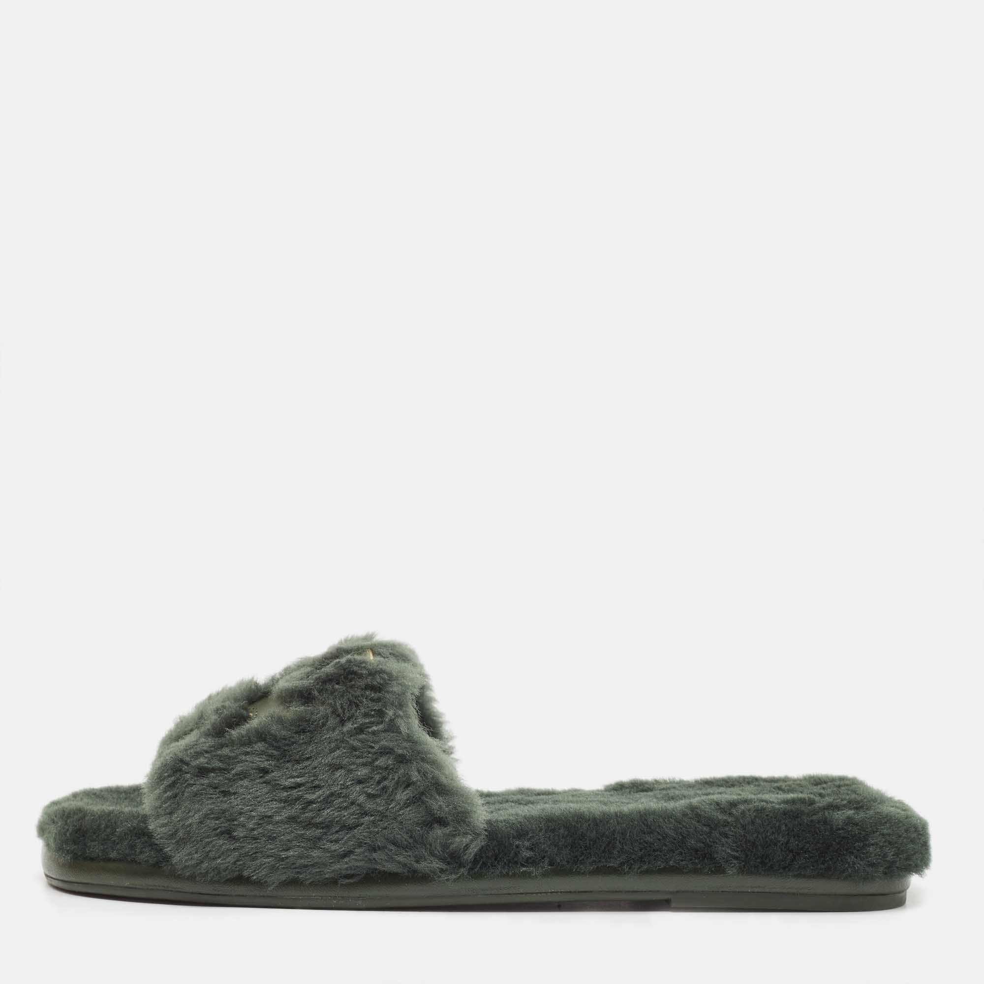 Pre-owned Tory Burch Green Shearling And Leather Flat Slides Size 39
