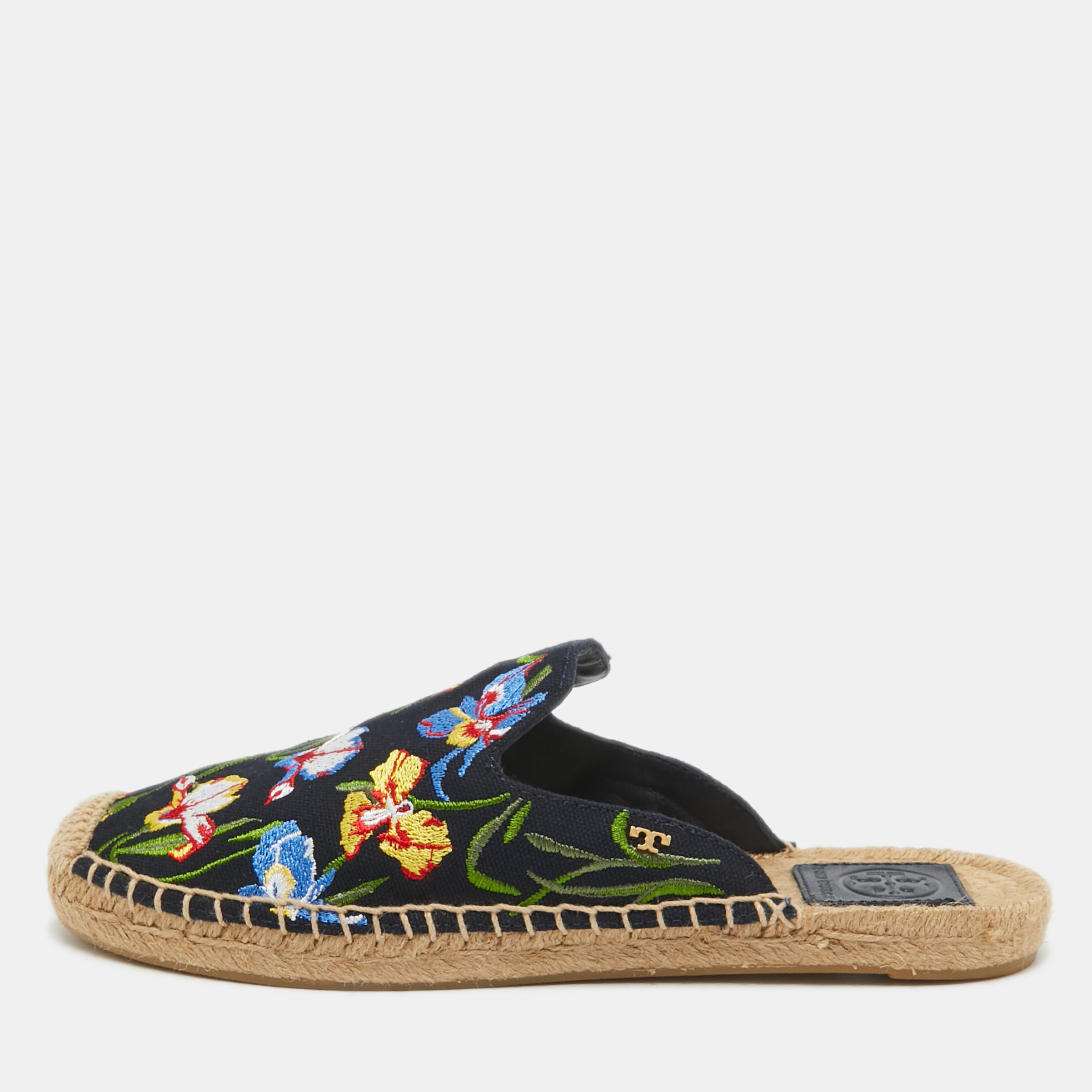 

Tory Burch Navy Blue Canvas Floral Espadrille Mules Size