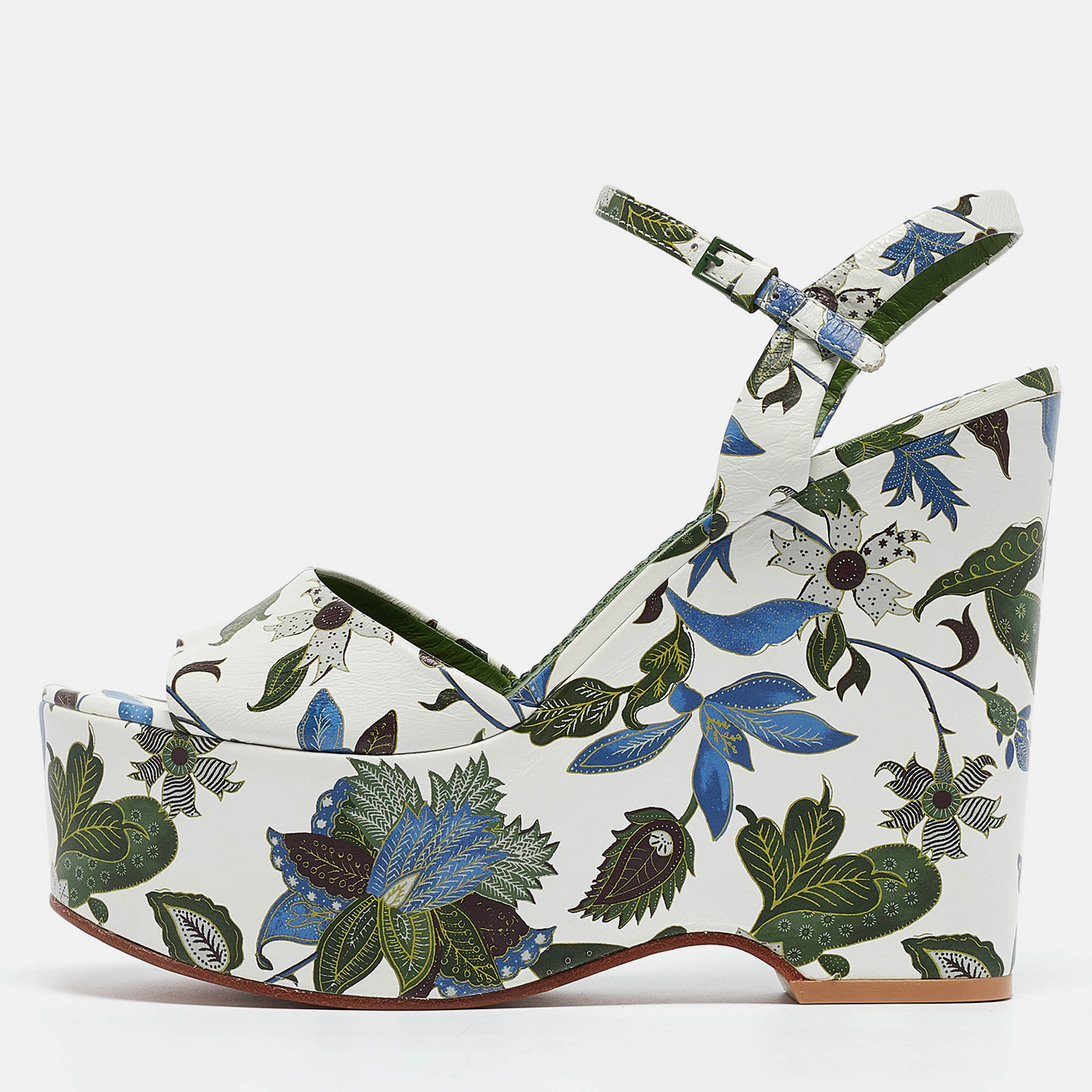 Pre-owned Tory Burch Tricolor Floral Print Leather Platform Wedge Ankle Strap Sandals Size 39 In White