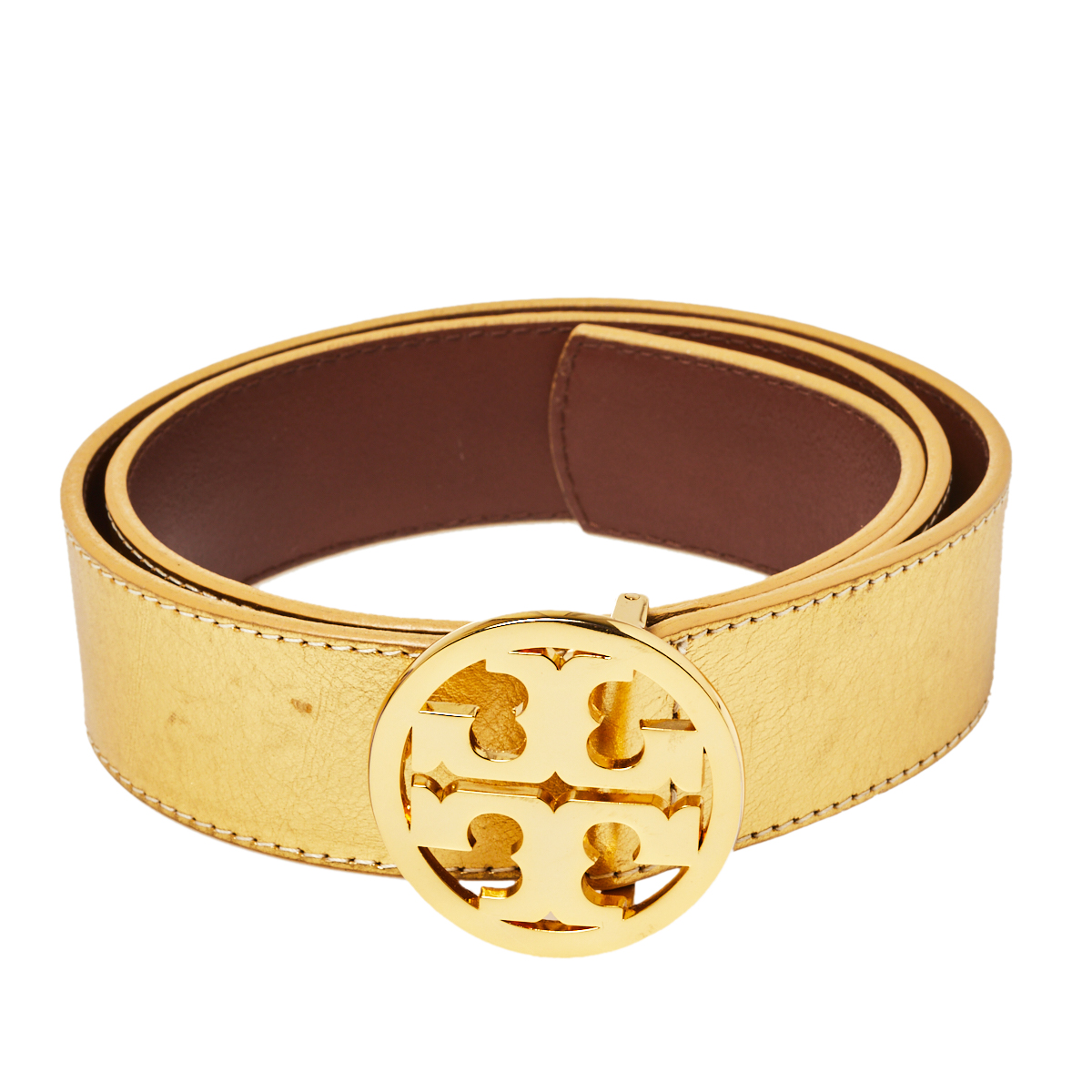 

Tory Burch Metallic Gold Leather Logo Buckle Belt