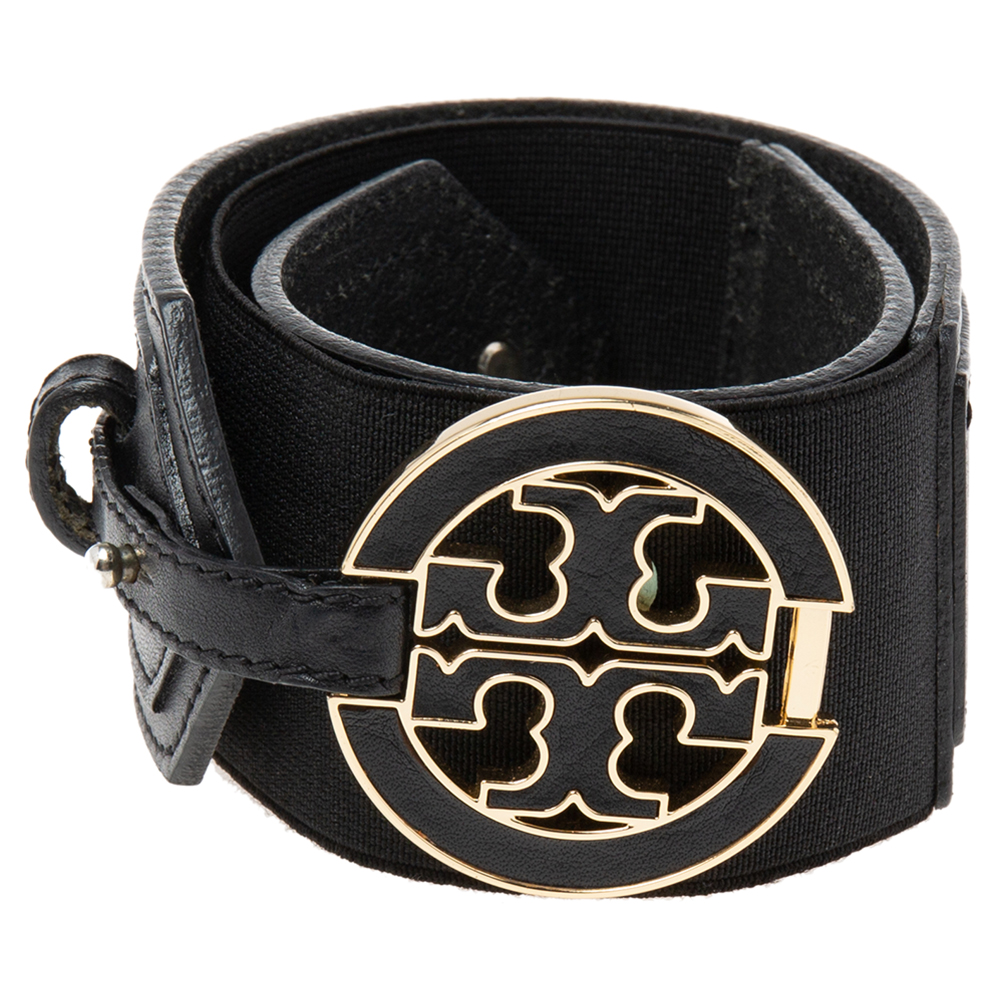

Tory Burch Black Leather and Elastic Band Logo Waist Belt