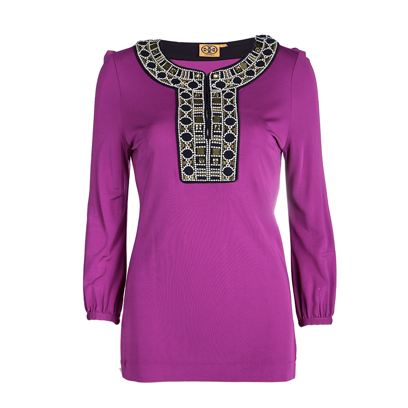 Pre Owned توب توري برش بأكمام طويلة وياقة مرصعة بنفسجي S 