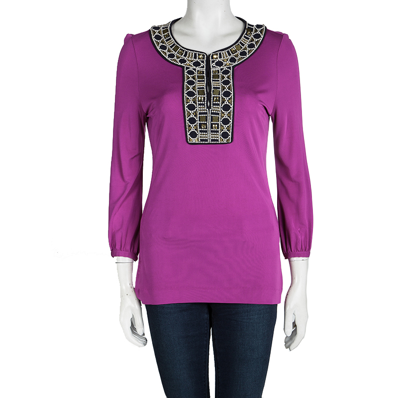 

Tory Burch Purple Embellished Neck Detail Long Sleeve Top