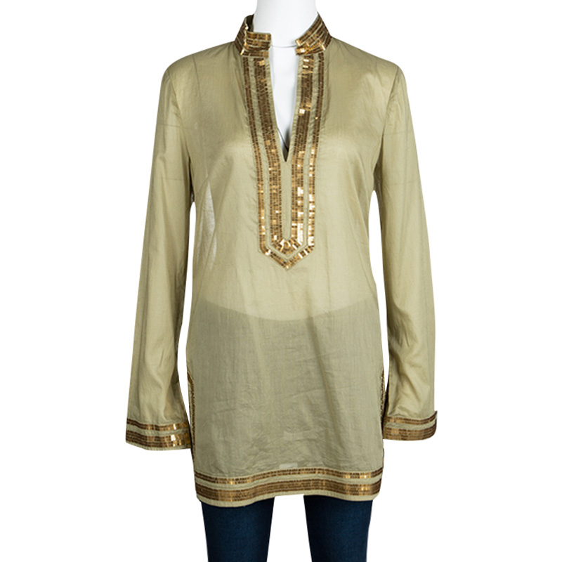 

Tory Burch Green Cotton Sequin Embellished Long Sleeve Tunic