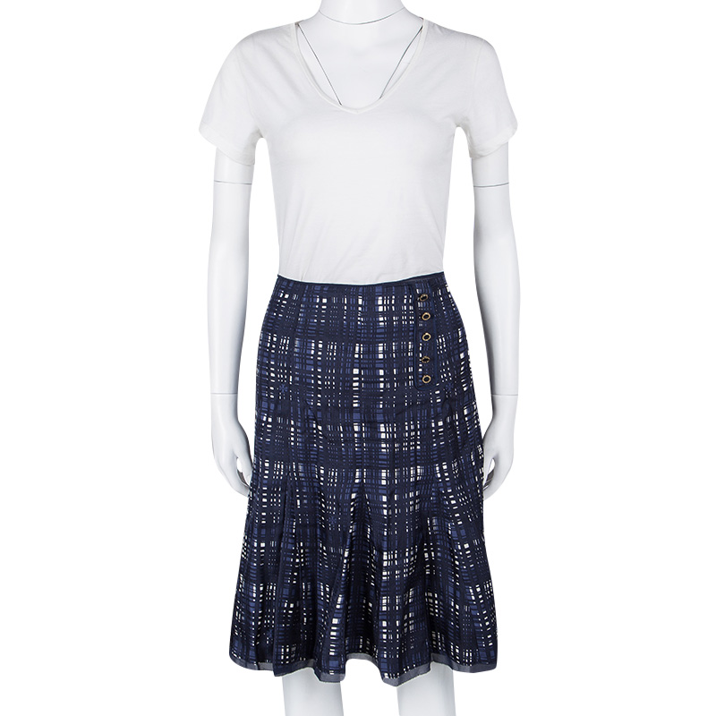 

Tory Burch Navy Blue and White Checked Pleated Silk Wess Skirt