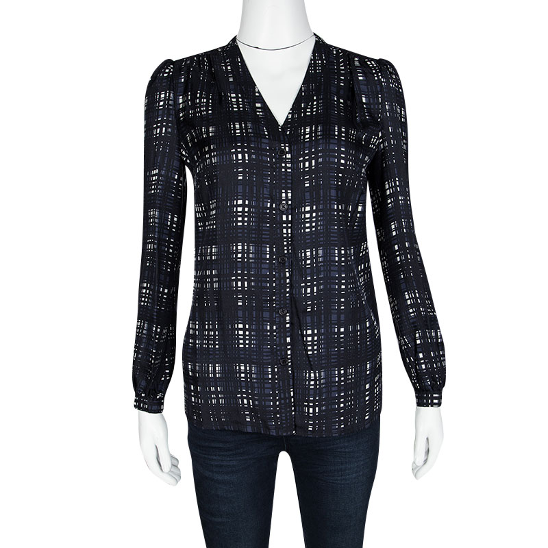 

Tory Burch Navy Blue and White Checked Silk Long Sleeve Blouse