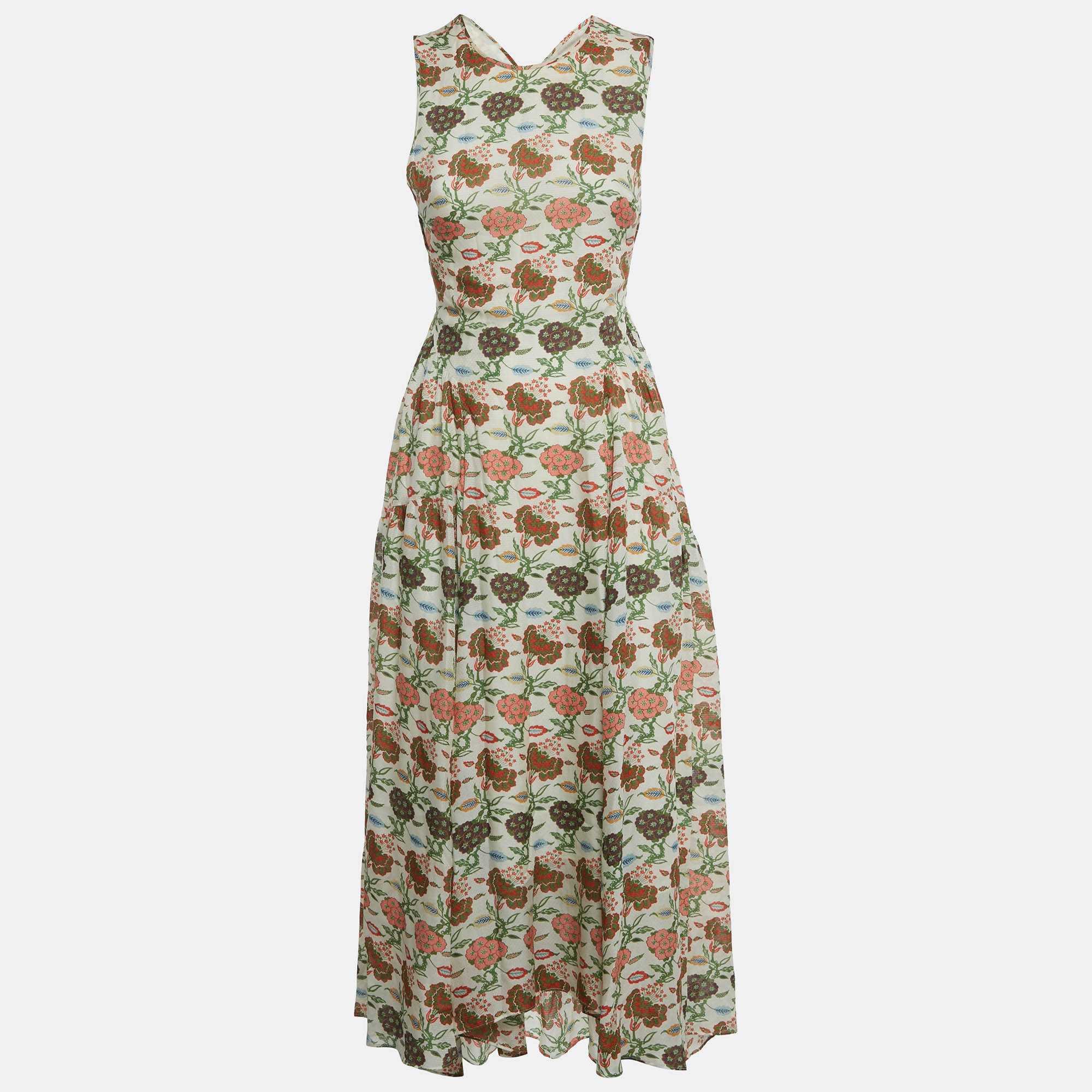 Pre-owned Tory Burch Ivory Floral Print Silk Asymmetric Hem Kendall Maxi Dress S In White
