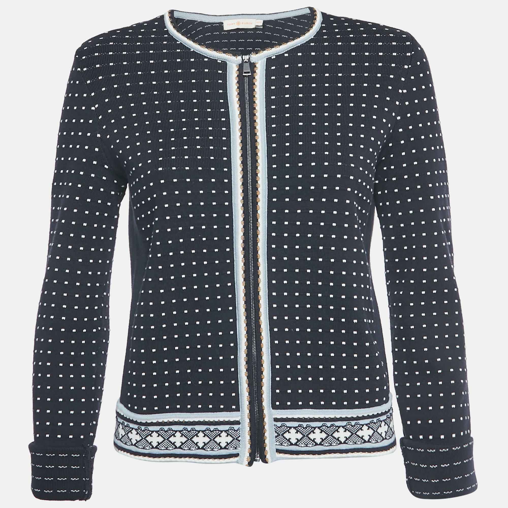 Pre-owned Tory Burch Navy Blue Dotted Stretch Knit Zip-up Jacket Xs