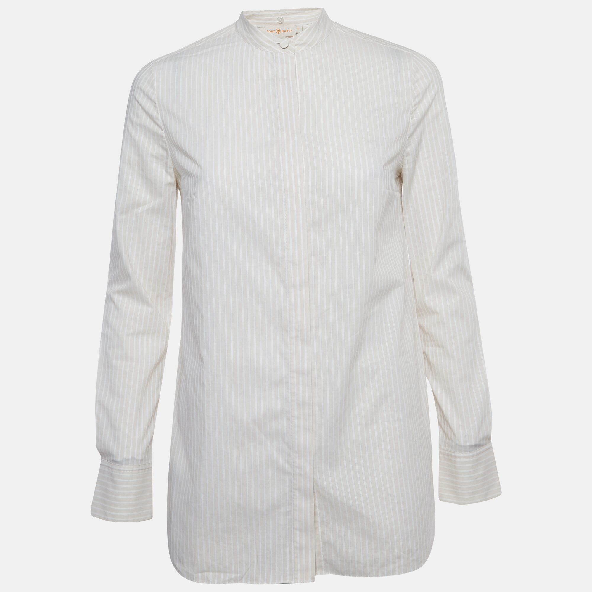 Pre-owned Tory Burch Beige Striped Cotton Long Sleeve Shirt Xs In Sand