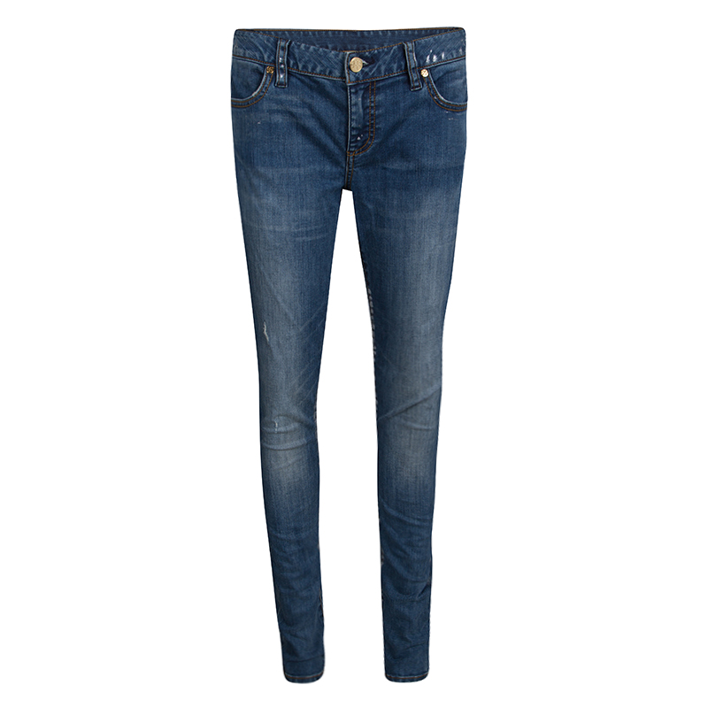 Tory Burch Indigo Faded Effect Foil Print Detail Distressed Jeans M
