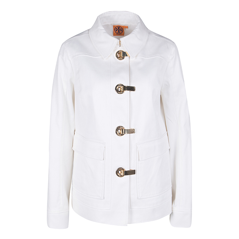Pre Owned Tory Burch White Cotton Gold Clasp Detail Graham Jacket M
