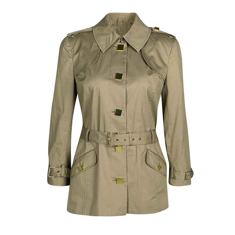 Tory Burch Khaki Cotton Square Button Detail Belted Short Trench Jacket M 
