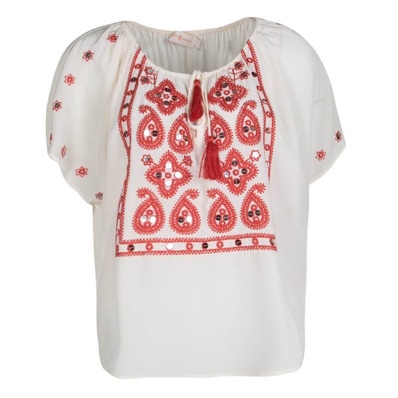 Pre Owned Tory Burch Cream Embellished Embroidered Tie Detail Silk Top M