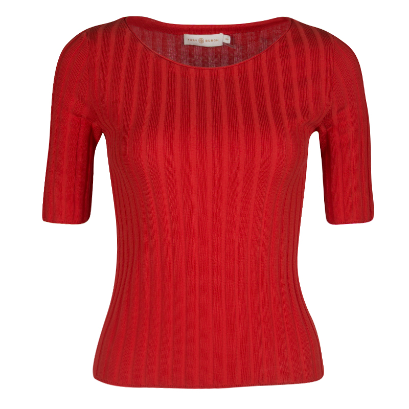 Tory Burch Spark Red Cotton Rib Knit Short Sleeve Top S