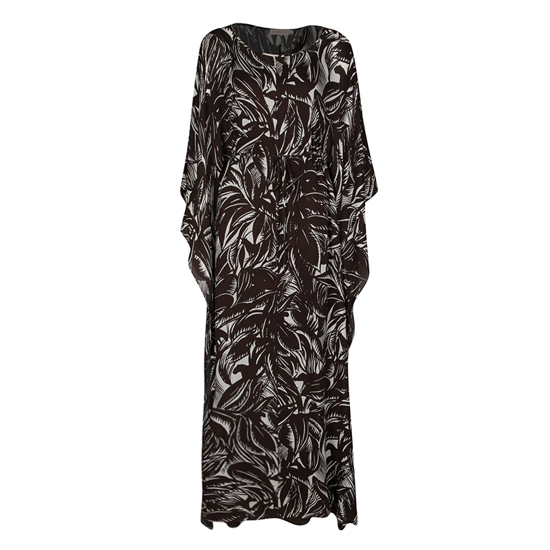 Pre Owned Tory Burch Brown and White Printed Silk Tie Detail Kaftan S